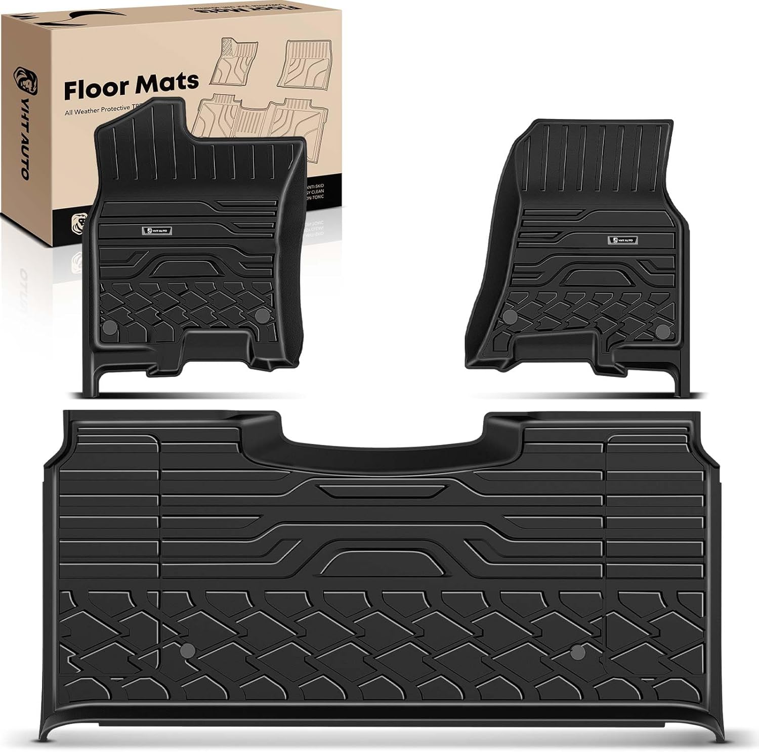 YHTAUTO Floor Mats Fit 2019-2024 Ram 1500 Crew Cab (w/Rear Under-Seat Factory Storage Bucket Seat), TPE All Weather Car Mats Waterproof Anti-Slip Odorless Floor Liner, Front & 2nd Row Liner