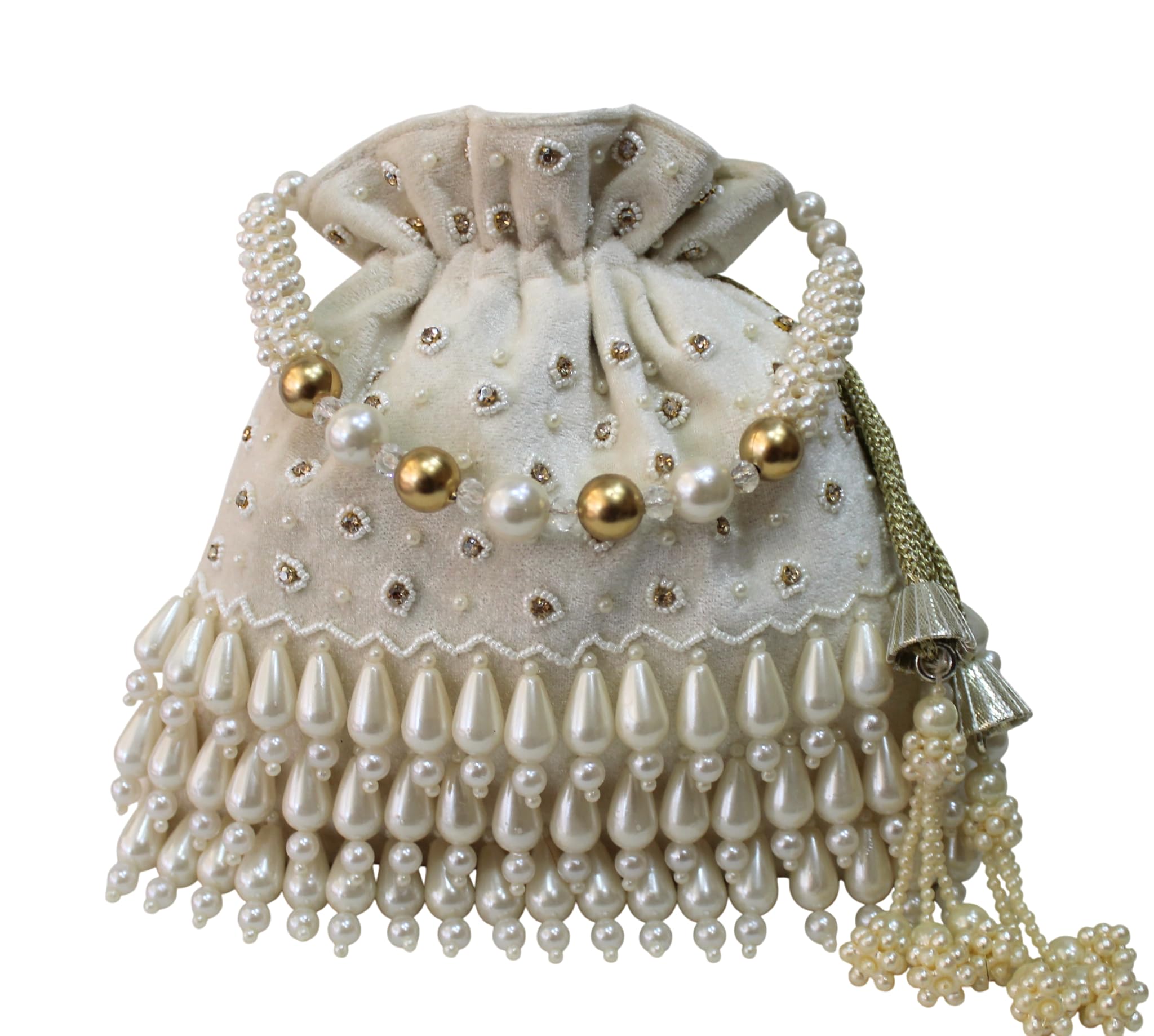Pearl-Tassels Potli Bag Hand Embroidery Drawstring Velvet Potli Women's Handbag Purse With Pearl Handle & Tassel Purse-image-37