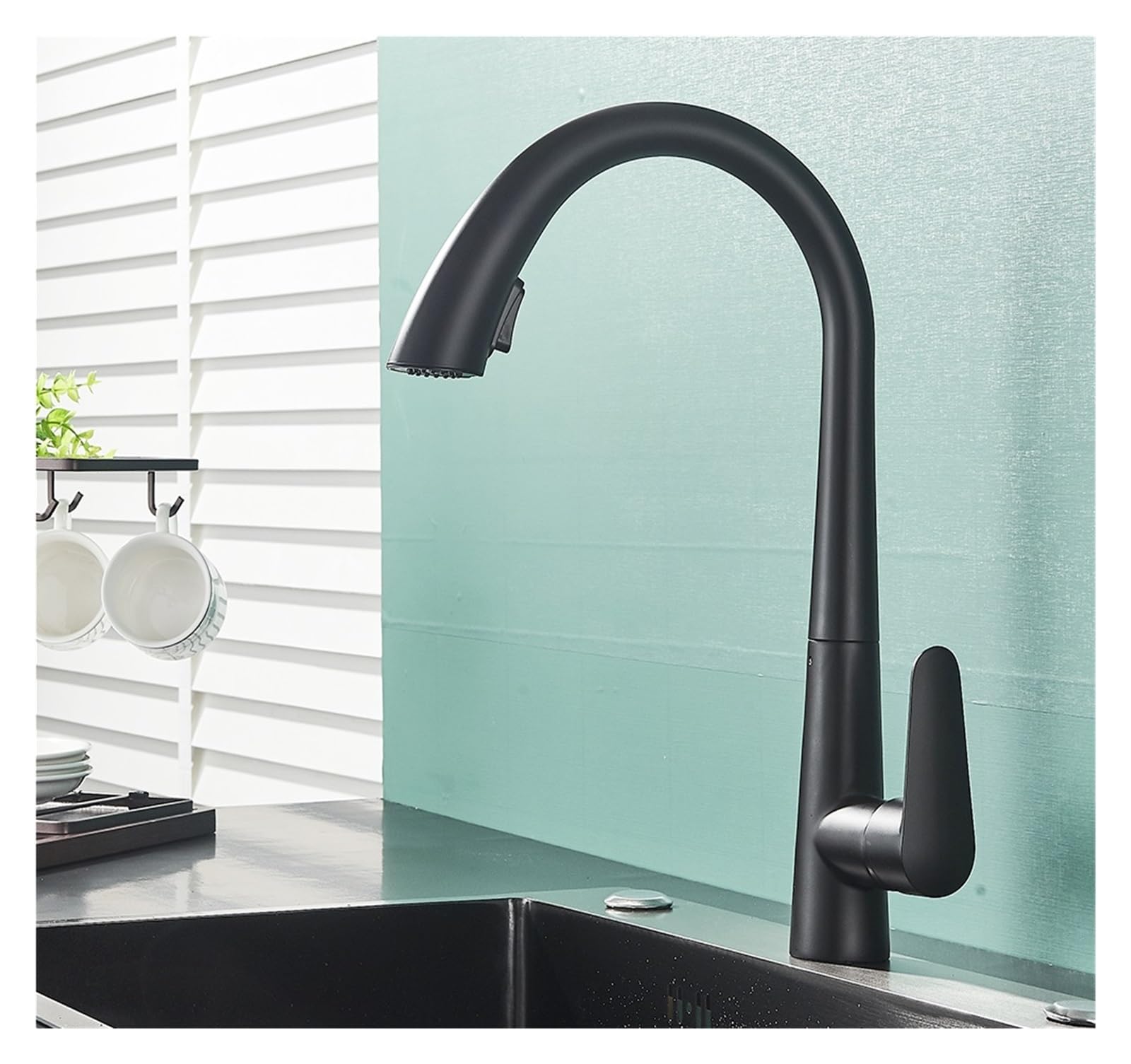 Robinet de cuisine noir extractible et mitigeur eau chaude-froide monotrou