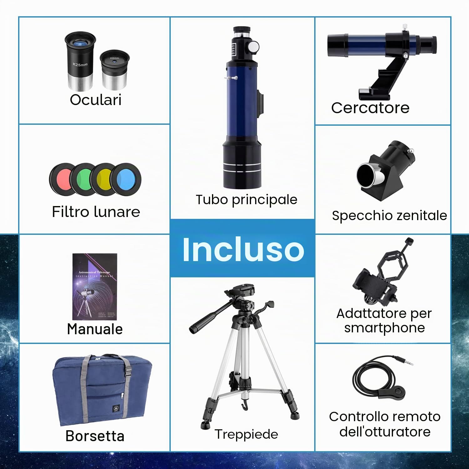 Telescopio Astronomico 70/400 per Bambini e Adulti Principianti, Riflettore con Treppiede Regolabile, Adattatore Smartphone, Oculari K6mm K25mm, Filtri Lunari, Zaino Portatile