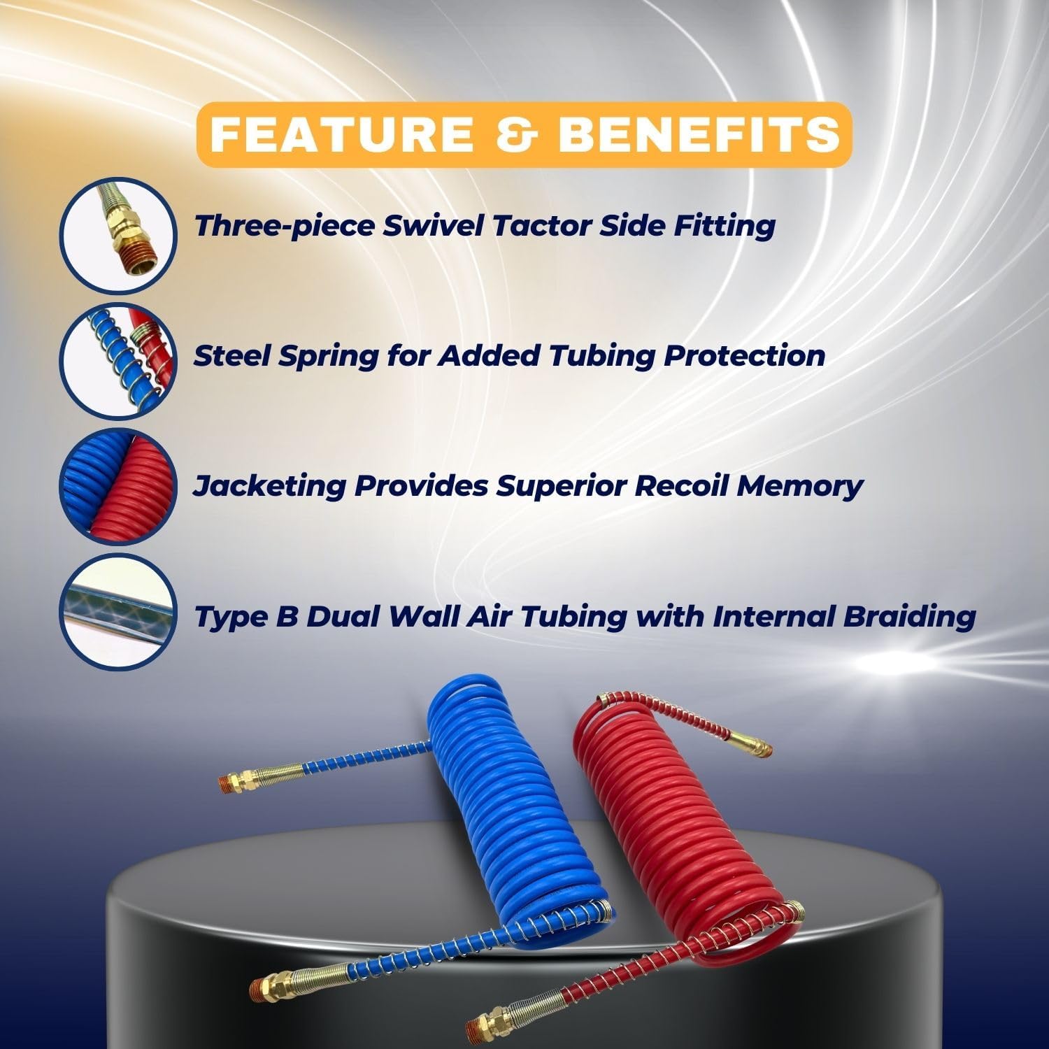 TORQUE Tractor Trailer Air Brake Line Hose Coil Assembly Coiled Set Airline Kit Air Hose for Semi Truck Blue Red, 1/2" NPT Fittings (15' Length x 40" Tractor Lead) (TR022001)