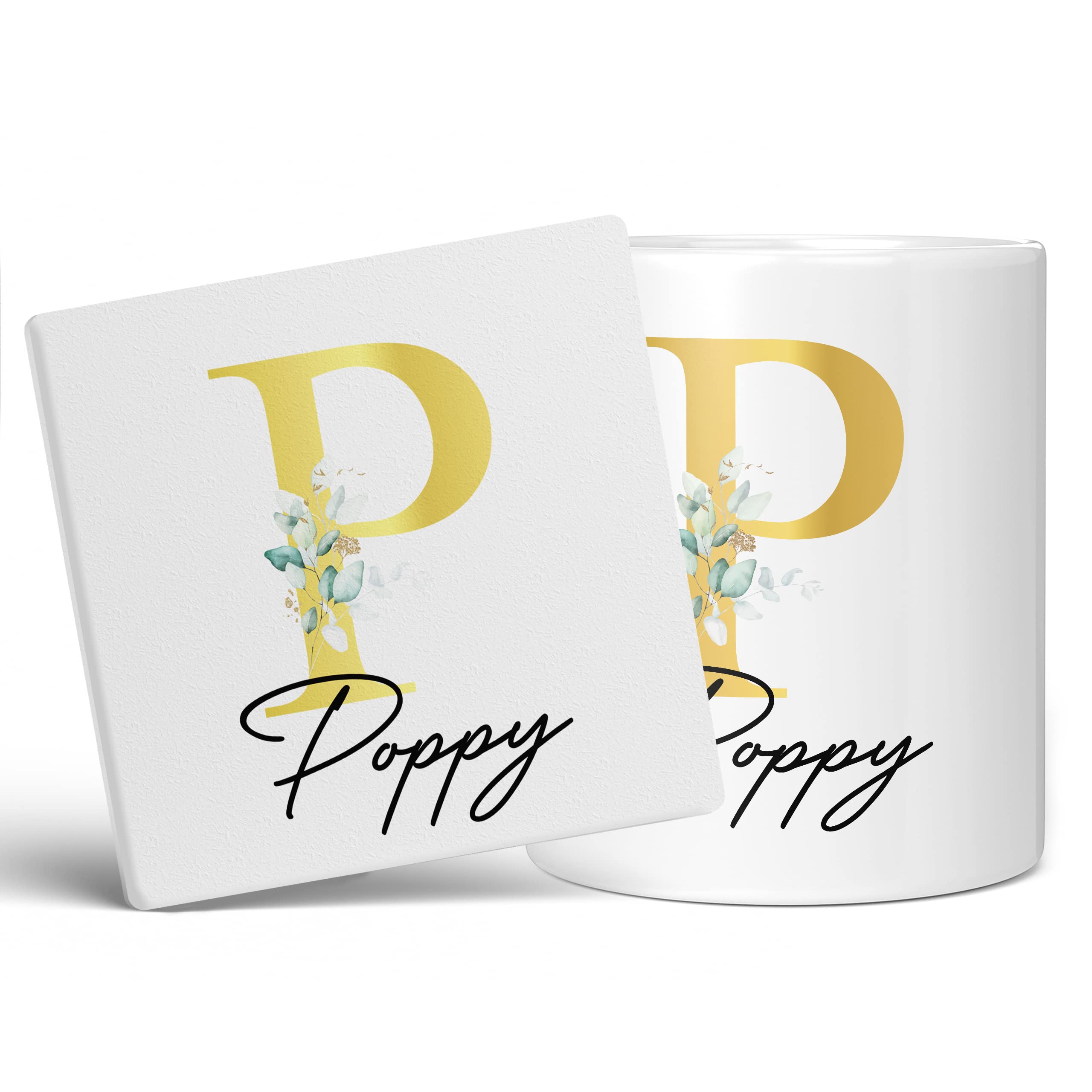 Personalised Letter P Floral Mug Initial with Name, Customised Gift, Gold Effect Printed Letter, NOT Metallic - Ceramic Coffee Cup for Men or Women, Extra Large and Giant Mug, 20oz White Cup & Coaster