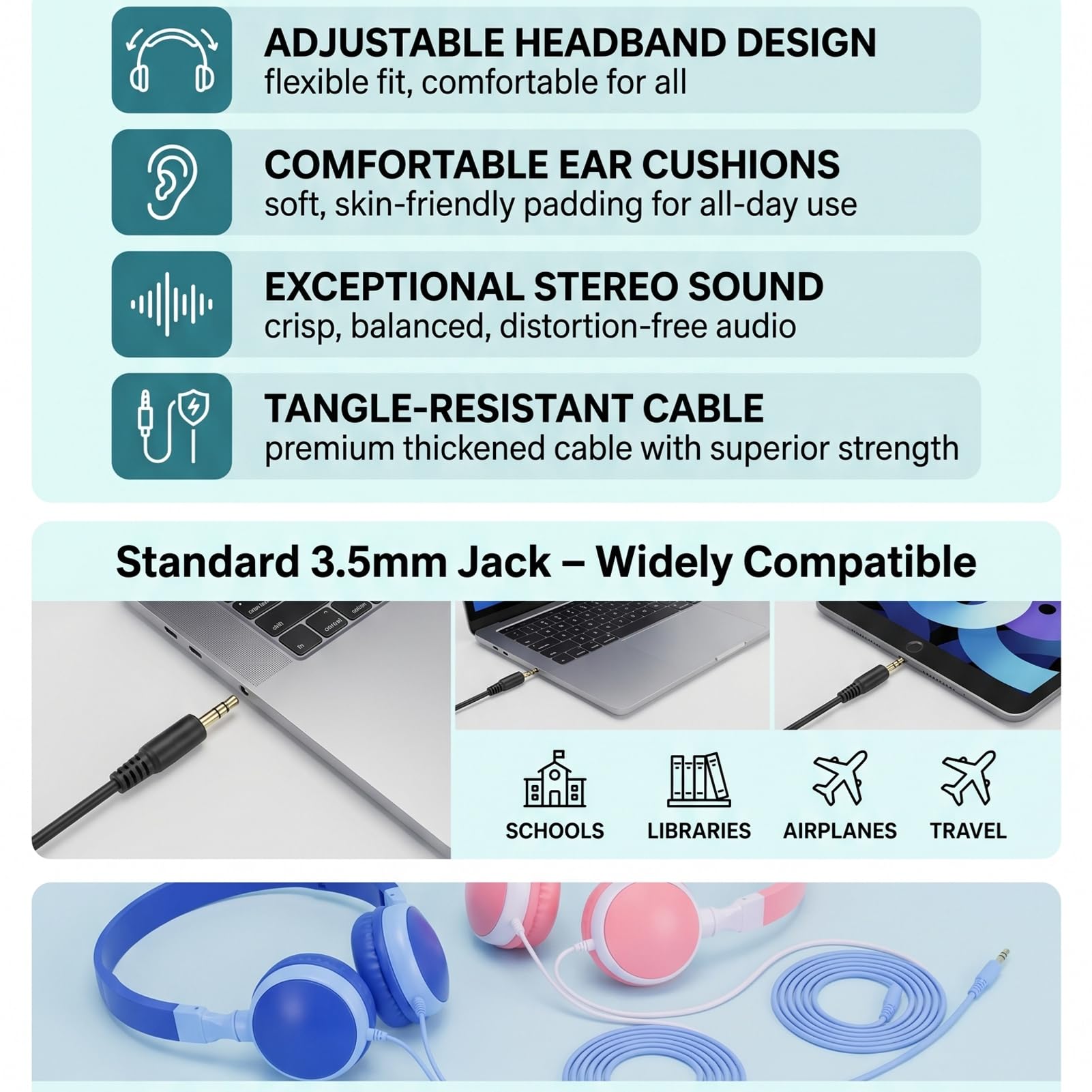 Karlak Cuffie Cablate per Bambini Design Confortevole Regolabile con qualità Eccezionale per Aule Scolastiche 12 Paia Set in Rosa e Blu Scuro