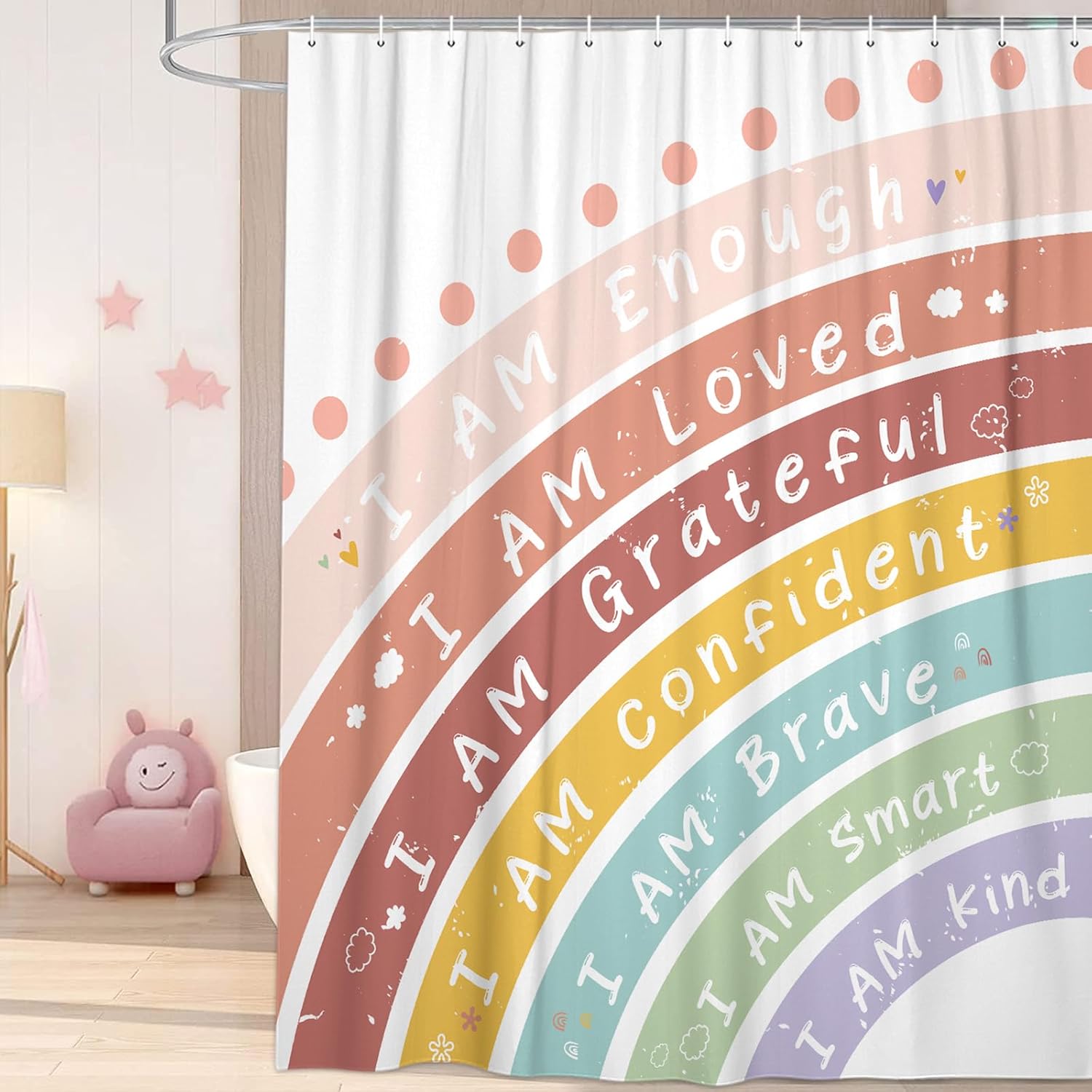 Kids Boho Rainbow Shower Curtain Set for Baby Boys & Girls Bathroom, Colorful Inspirational Quotes Fabric Shower Curtain with Hooks, 72x84 inch