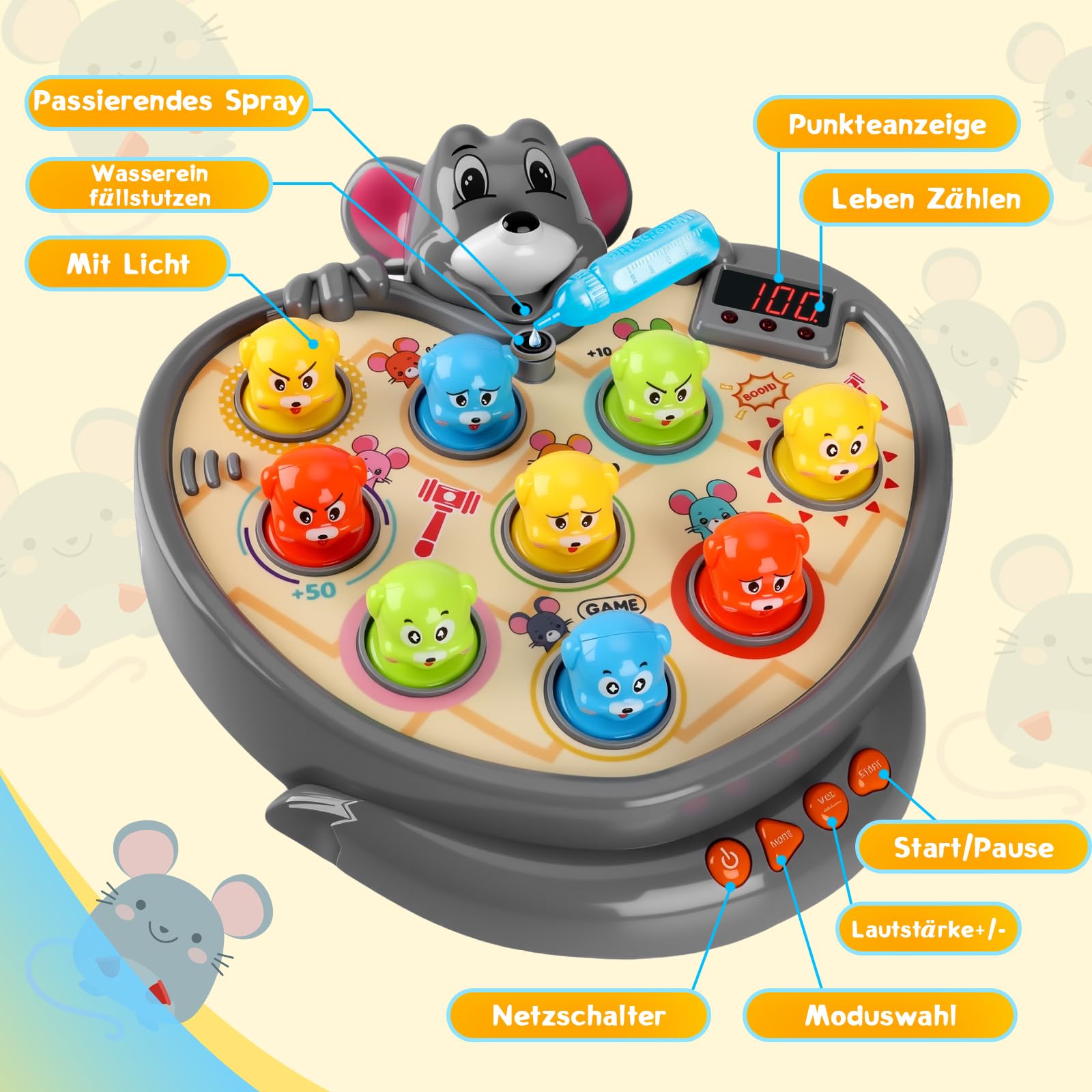 YOOHBERRYS Whack Spiel, Schlag den Maulwurf, Hammer Spiel mit 5 Spielmodi, 9 Musik, 2 Hämmern, Montessori Lernspielzeug Spielzeug für Kleinkinder und Kinder ab 3 4 5 6 Jahren
