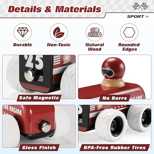 Miniatura 6 de BTB - Coche de madera para tirar hacia atrás, camión de bomberos de juguete, juguete de madera Montessori, auto de juguete clásico retro vintage de