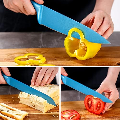 Miniatura 4 de WELLSTER - Juego de cuchillos de cocina azules con bloque, juego de 6 cuchillos universales, hoja de acero inoxidable alemán, revestimiento