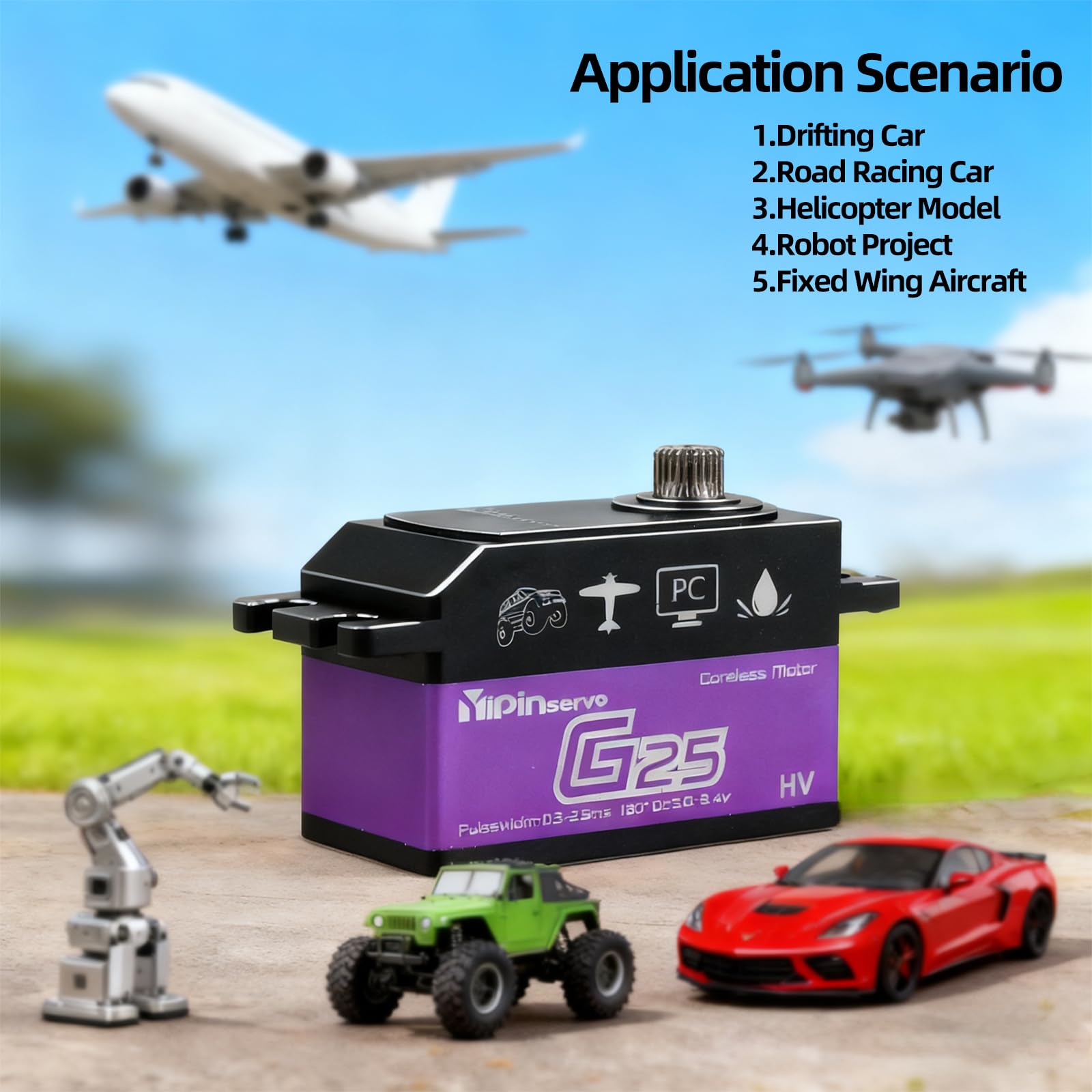 Servo de dirección de alto par de torsión de perfil bajo de 25 kg, engranaje de acero RC Servo 7.4V HV IP67 impermeable, ángulo ajustable de 180/270°, para 1/10 1/12 RC Car Crawlers, camiones