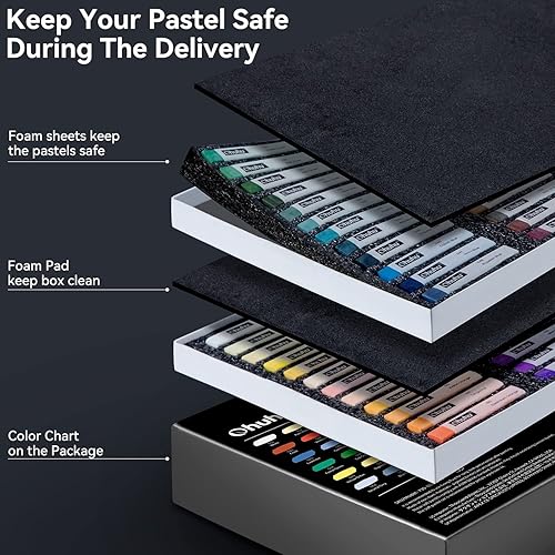 Miniatura 6 de Ohuhu Juego de 72 pasteles largos de tiza 72 pasteles suaves para artistas, incluidos 4 colores fluorescentes con 6 papeles pastel para dibujar