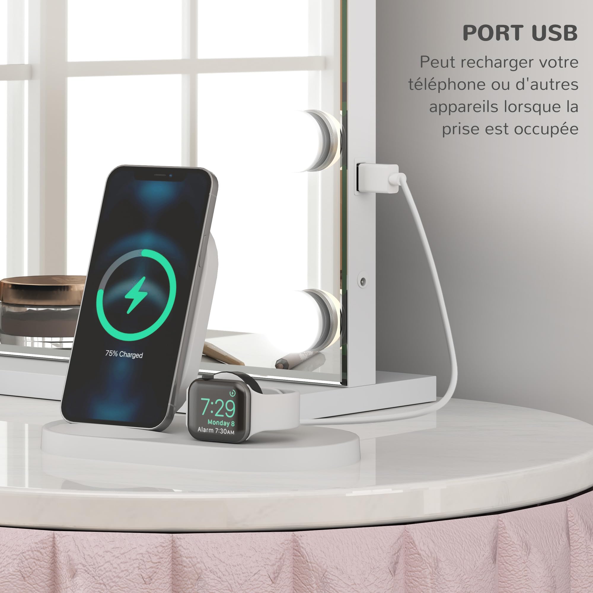 HOMCOM Miroir Maquillage Hollywood Lumineux LED Intensité Réglable 80x62cm | Miroir Grossissan, Port de Charge USB, Support de Téléphone