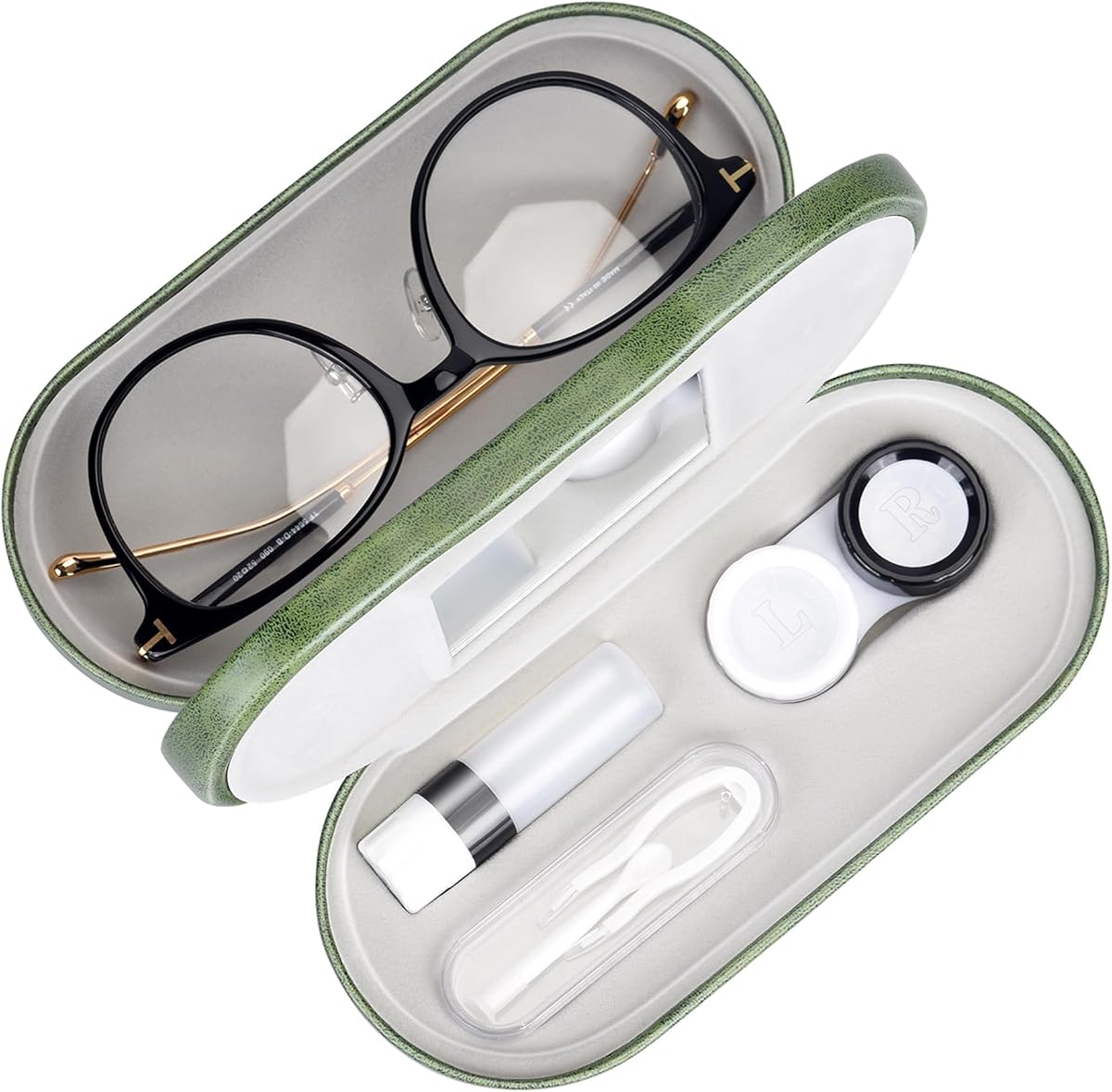Muf 2 in 1 Double Sided Portable Contact Lens Case and Glasses Case,Dual Use Design with Built-in Mirror, Tweezer and Contact Lens Solution Bottle Included for Travel Kit