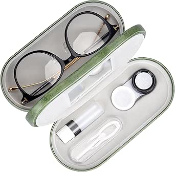 Muf 2 in 1 Double Sided Portable Contact Lens Case and Glasses Case,Dual Use Design with Built-in Mirror, Tweezer and Contact Lens Solution Bottle Included for Travel Kit