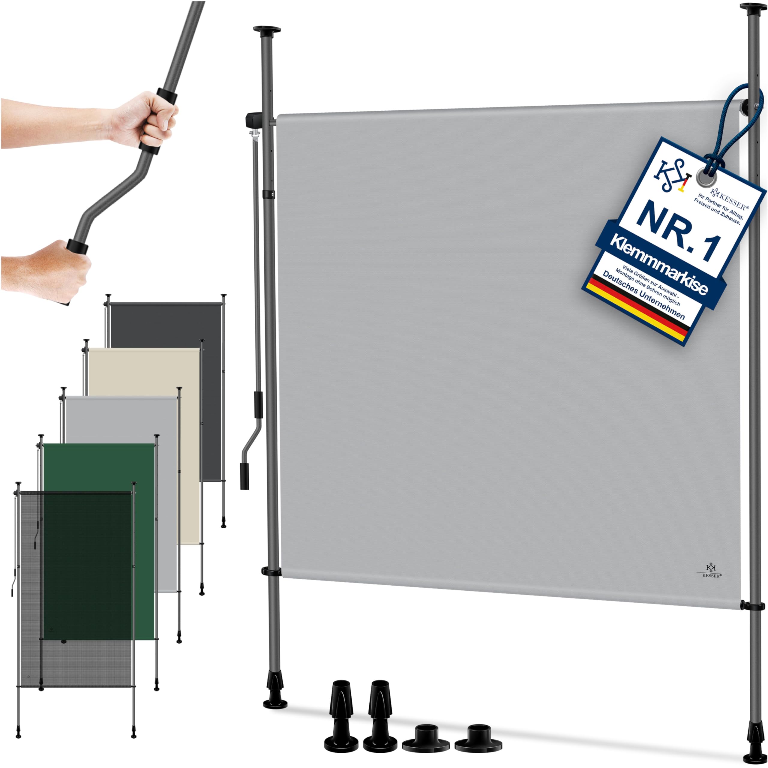KESSER® Klemmmarkise 150x310 cm, Garten Balkon Sichtschutz wetterfest, Wind- & Sonnenschutz, Senkrechtmarkise mit Handkurbel ohne Bohren, Ausziehbar, wasserdicht & UV-beständig, Grau