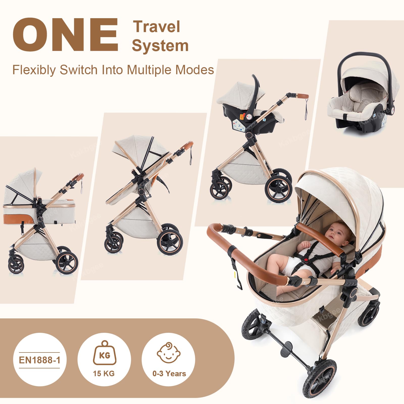 Cochecito 3 en 1 con Silla de Coche, Carrito bebé Plegable, Manillar 7 Alturas, Suspensión 4 Ruedas, Funda de Lluvia y Mosquitera, Sistema de Viaje para Recién Nacidos 0-3 Años (15kg), Negro
