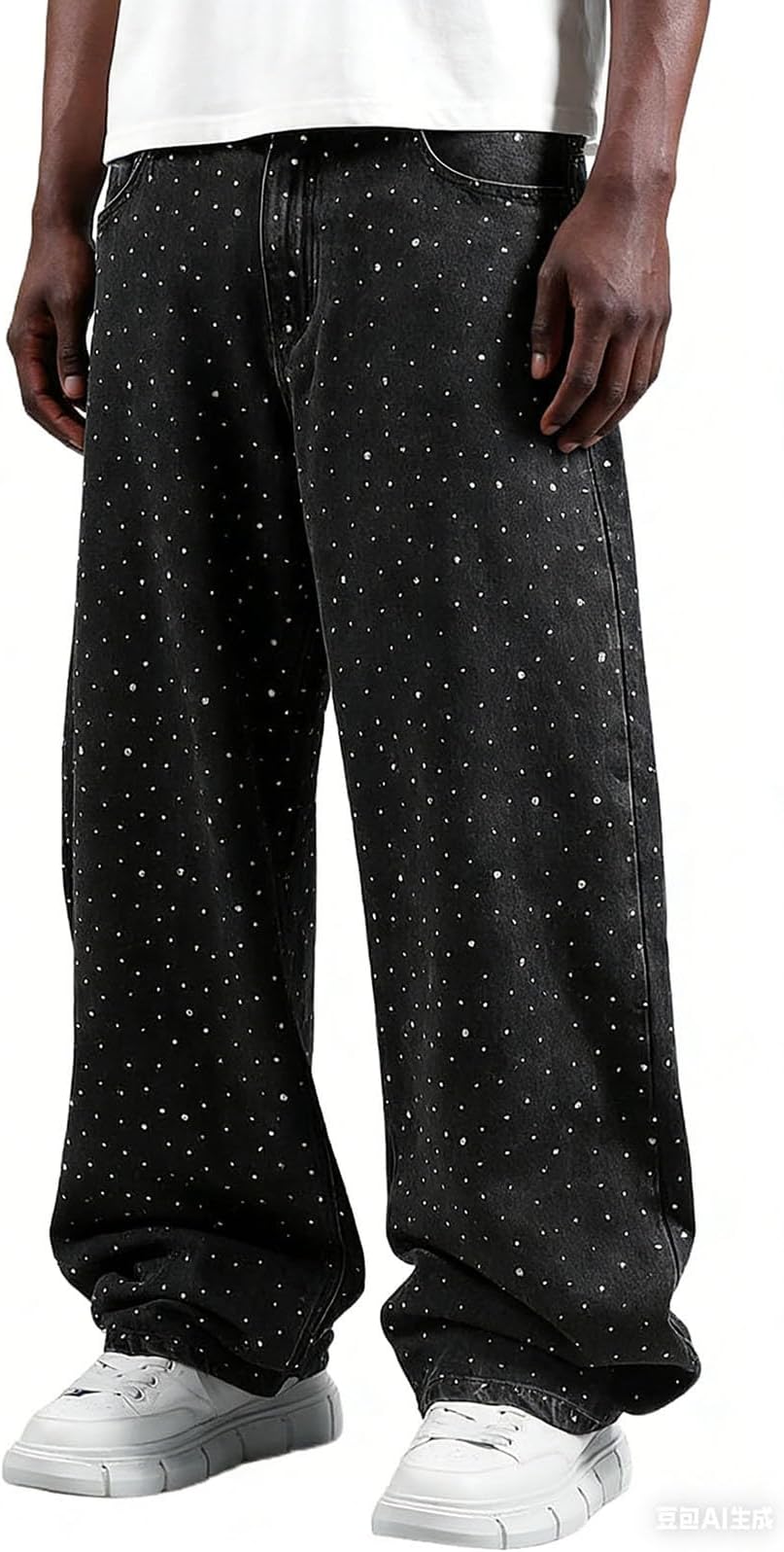 Jeans with Rhinestones Glitter Men's Denim Trousers Rhinestone Straight Wide Leg Jeans Harajuku Trousers Y2K Everyday Trousers Straight Leg Casual Trousers High Waist Jeans
