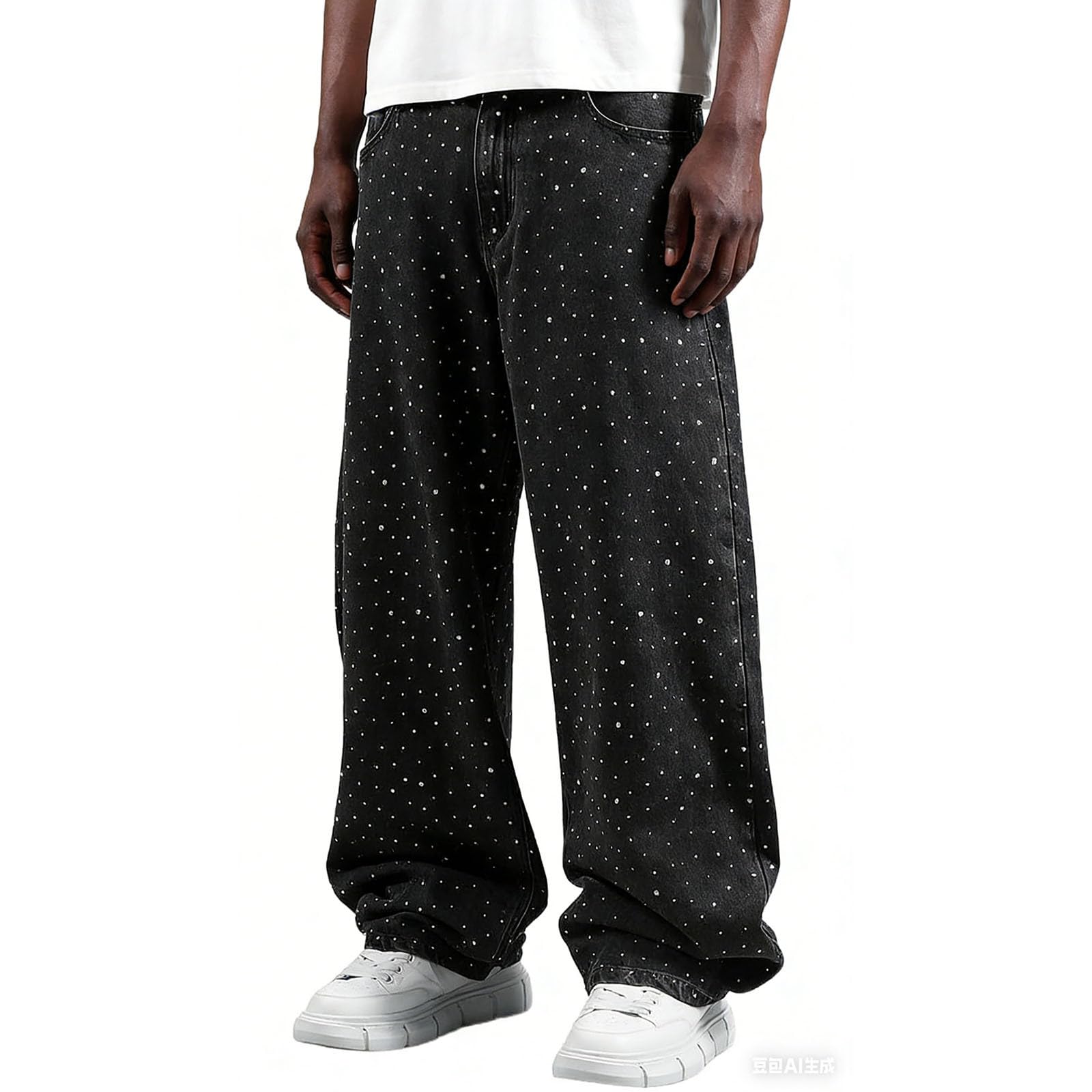 Jeans with Rhinestones Glitter Men's Denim Trousers Rhinestone Straight Wide Leg Jeans Harajuku Trousers Y2K Everyday Trousers Straight Leg Casual Trousers High Waist Jeans