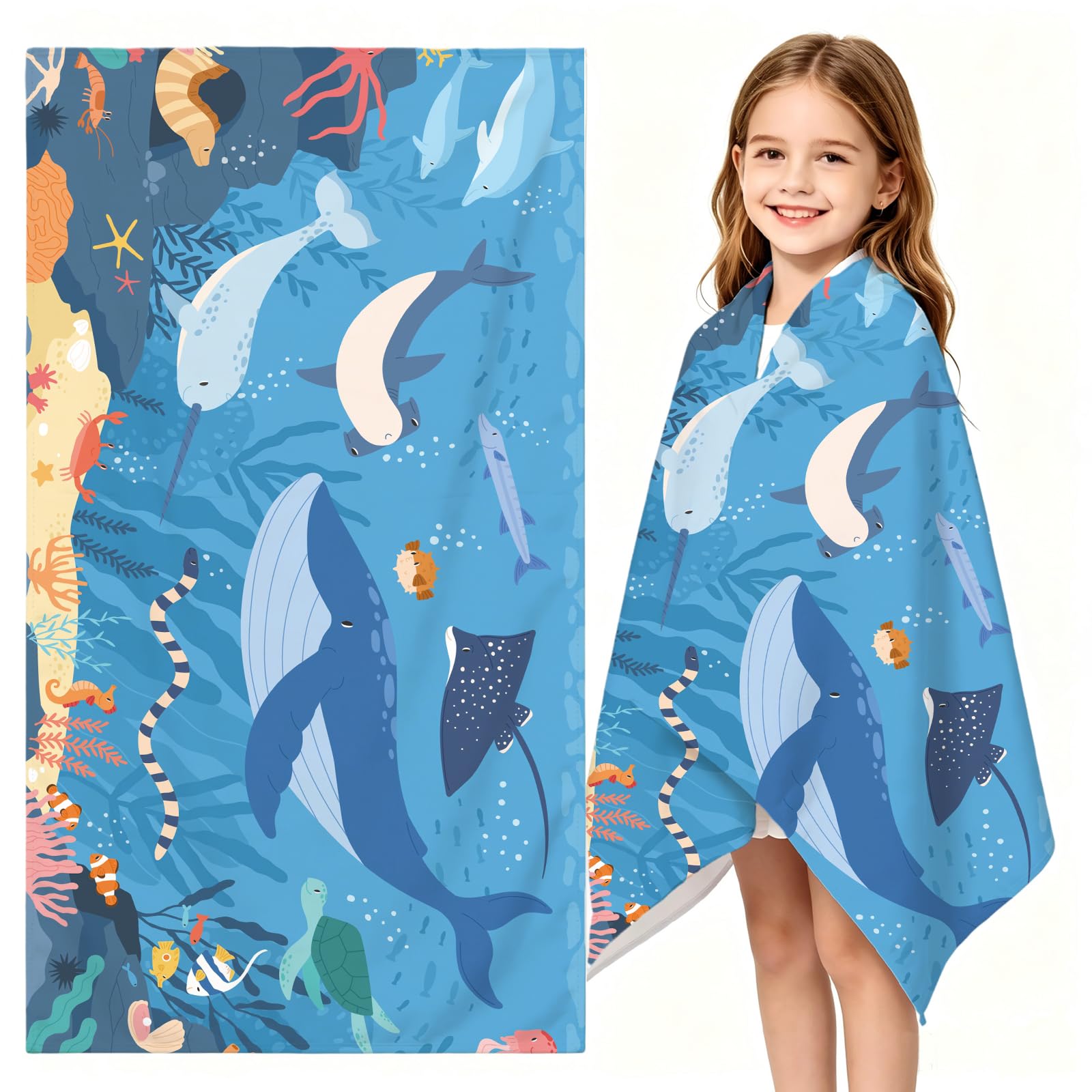 Caregchrisj Kids Beach Towel With Pockets - 80x150cm Shark Microfibre Towel Quick Dry, Sand Free, Compact, Lightweight For Pool, Camping & Travel, Super Soft Beach Towels