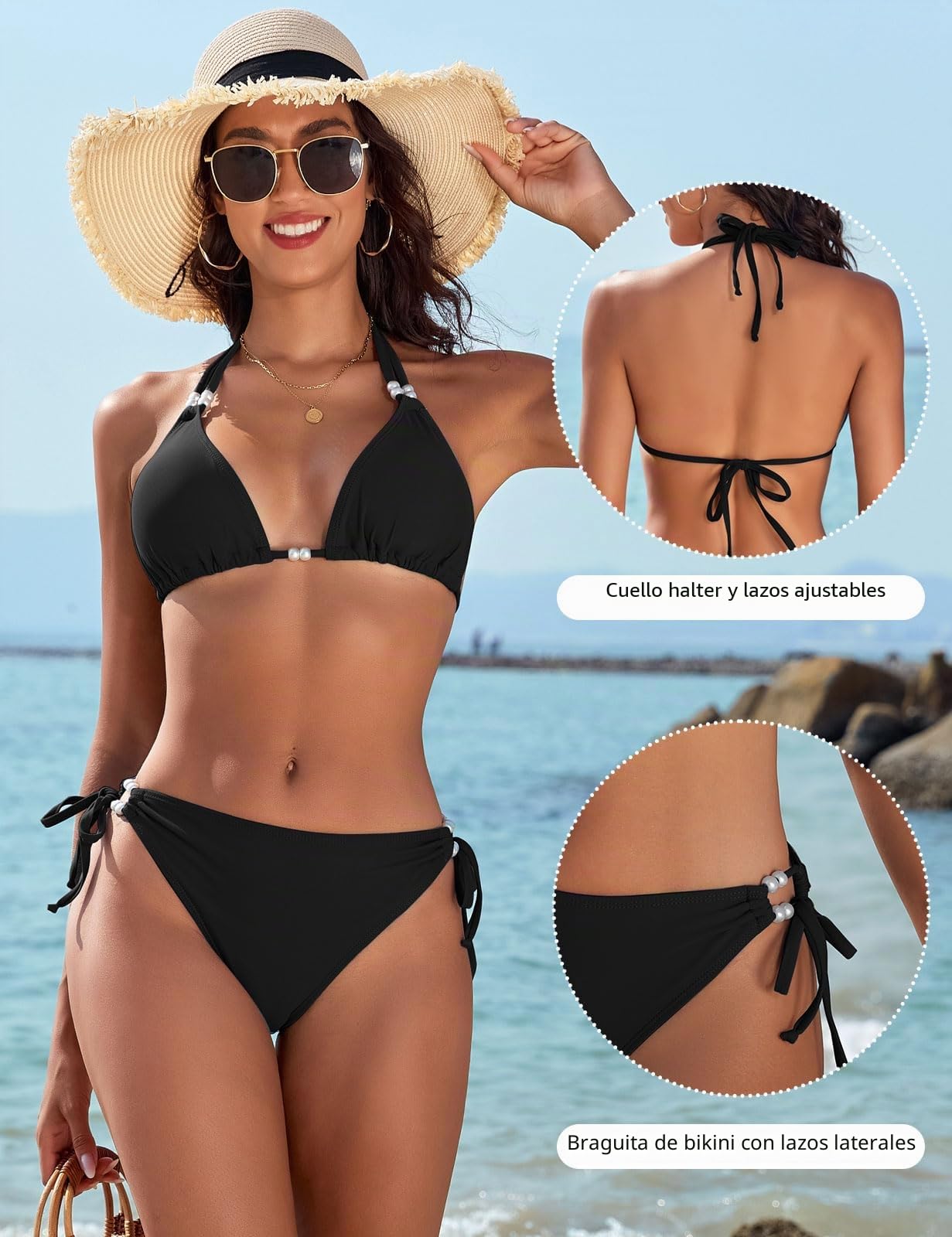 Bikini Mujer Sexy Traje de Baño Dos Piezas Bikinis Brasileño Halter Triángulo Bikini Top Conjunto de Bikini Tanga Cintura Media Bañadores con Perlas Ropa de Baño
