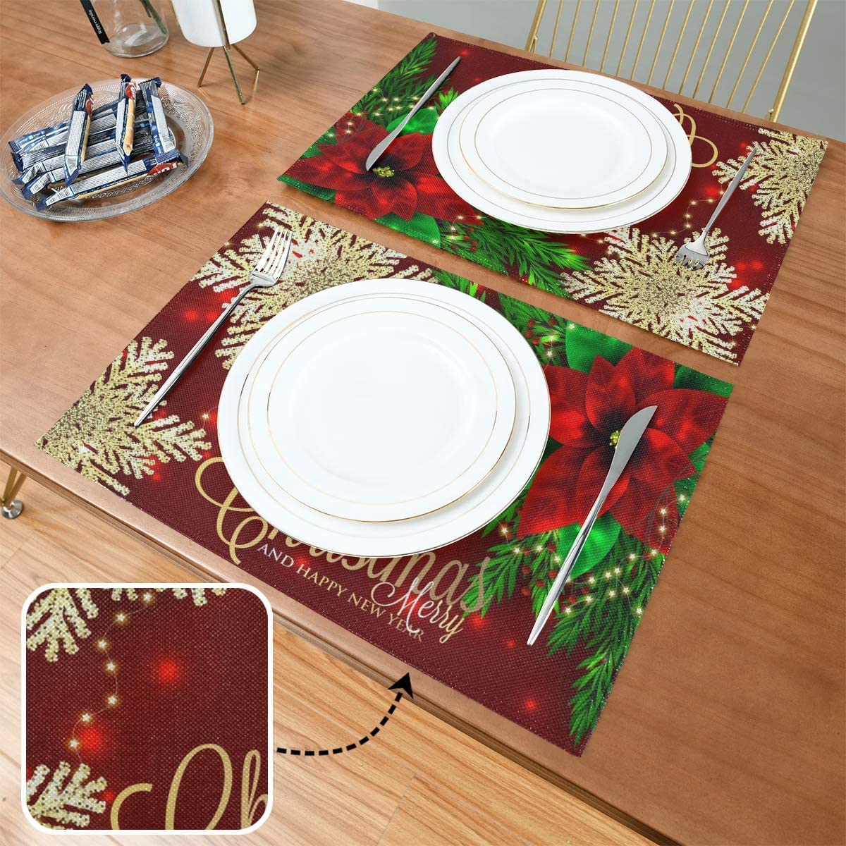 4 Weihnachts-Tischsets In Sternform – Rot Mit Grüner Stickerei Für Festliche Tische