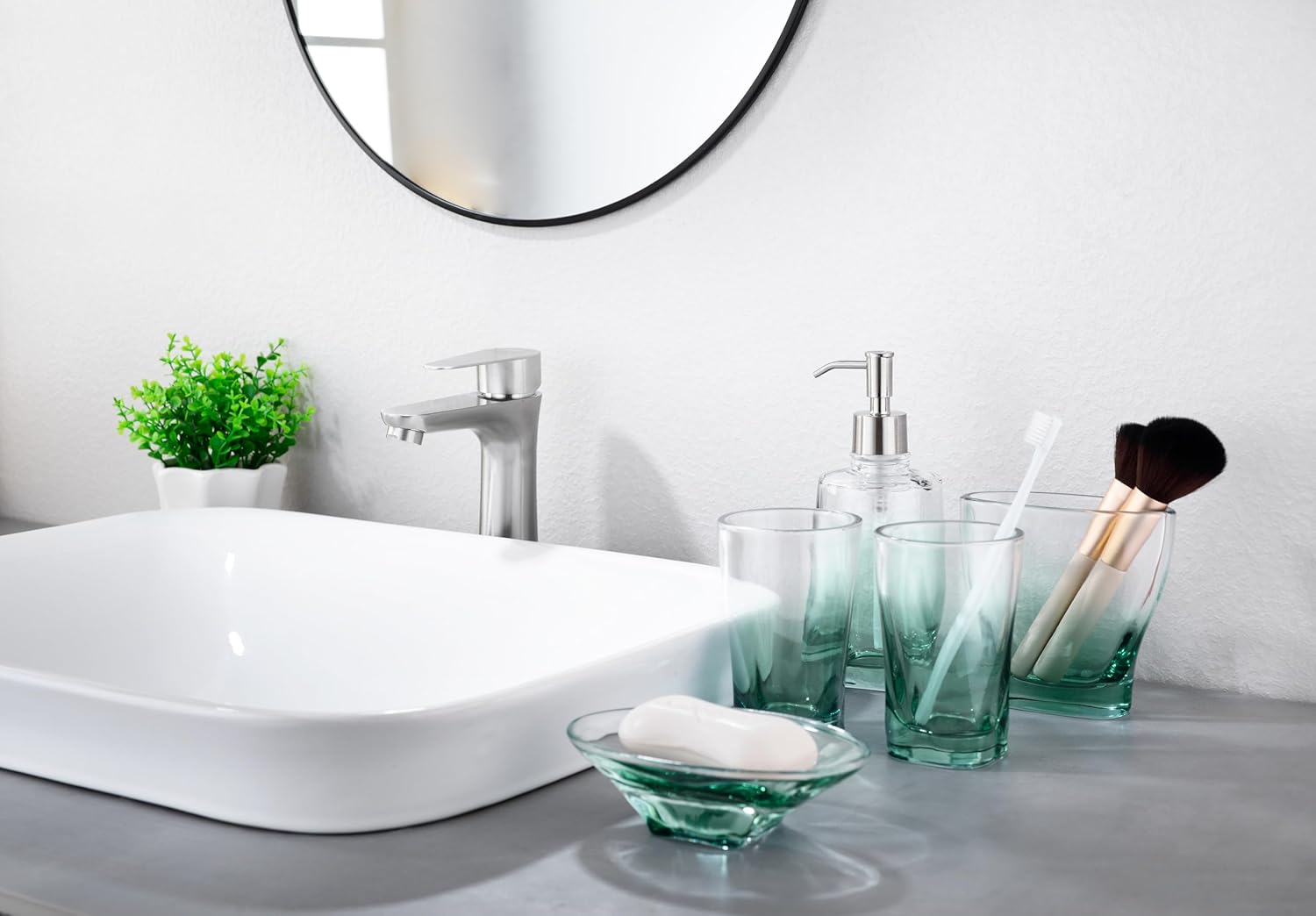 Bathroom Accessory Set Green Teal, Lead-Free Glass 5-Piece Bath Ensemble Gift Includes Soap Dispenser,Toothbrush Holder, Tumbler, Soap Dish for Home, Office, Superior Hotel