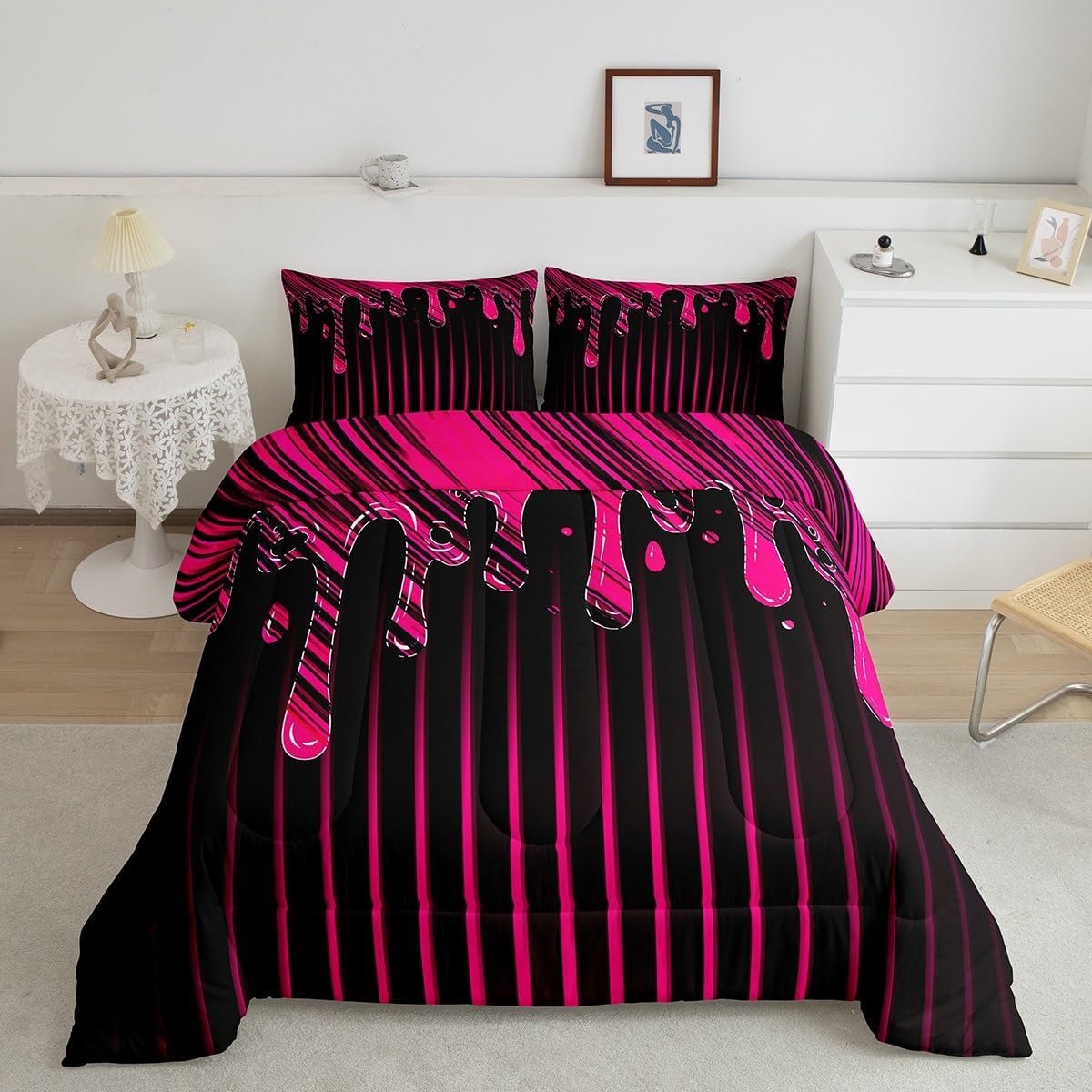 Feelyou Ombre Hot Pink Black Bedding Set Twin Size Geometric Stripes Reversible Comforter Set for Abstract Art Comforter Ultra Soft Decor Modern Droplet Type Duvet Set