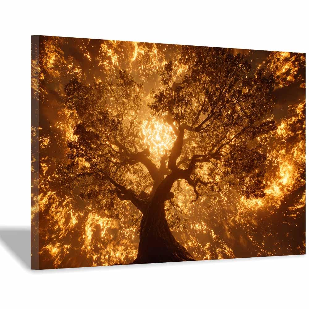 ZAMAEIU Tree of life wall art Flame-enveloped trees abstract canvas wall, For Bathroom, Living Room, Bedroom, Office.Gift for Home Decor(orange)-20x30cm Framed
