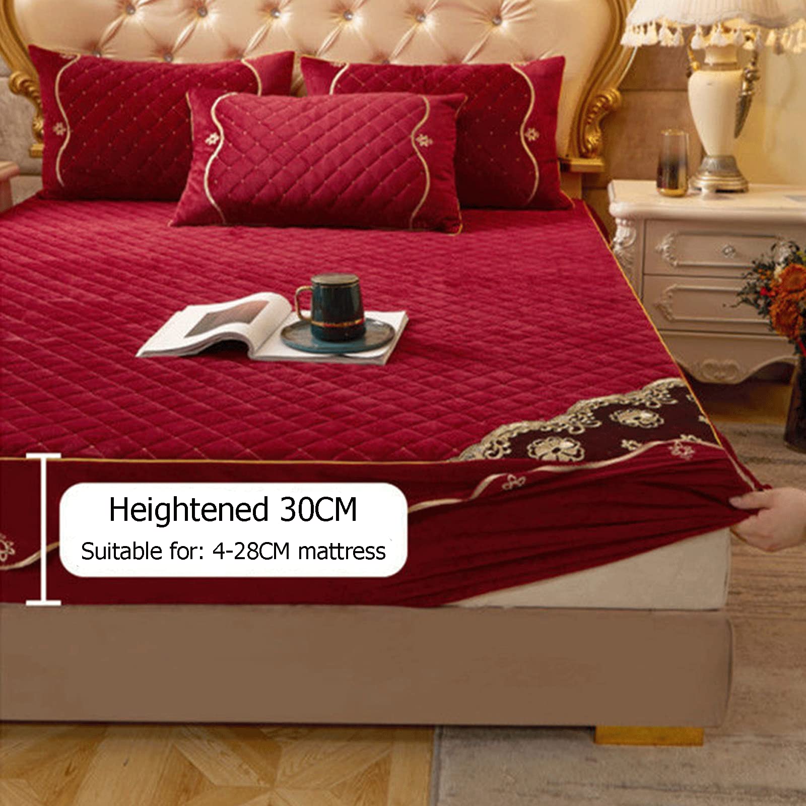 Luxus Matratzenschoner Einzel Doppel Tagesdecke – 30 Cm Extra Tief Angepasste Matratzenbezüge Kristall Samt Gesteppte Bettdecke – Ultraweiche Matratzenauflage, Schlafzimmerdekoration,Pink-200x220cm