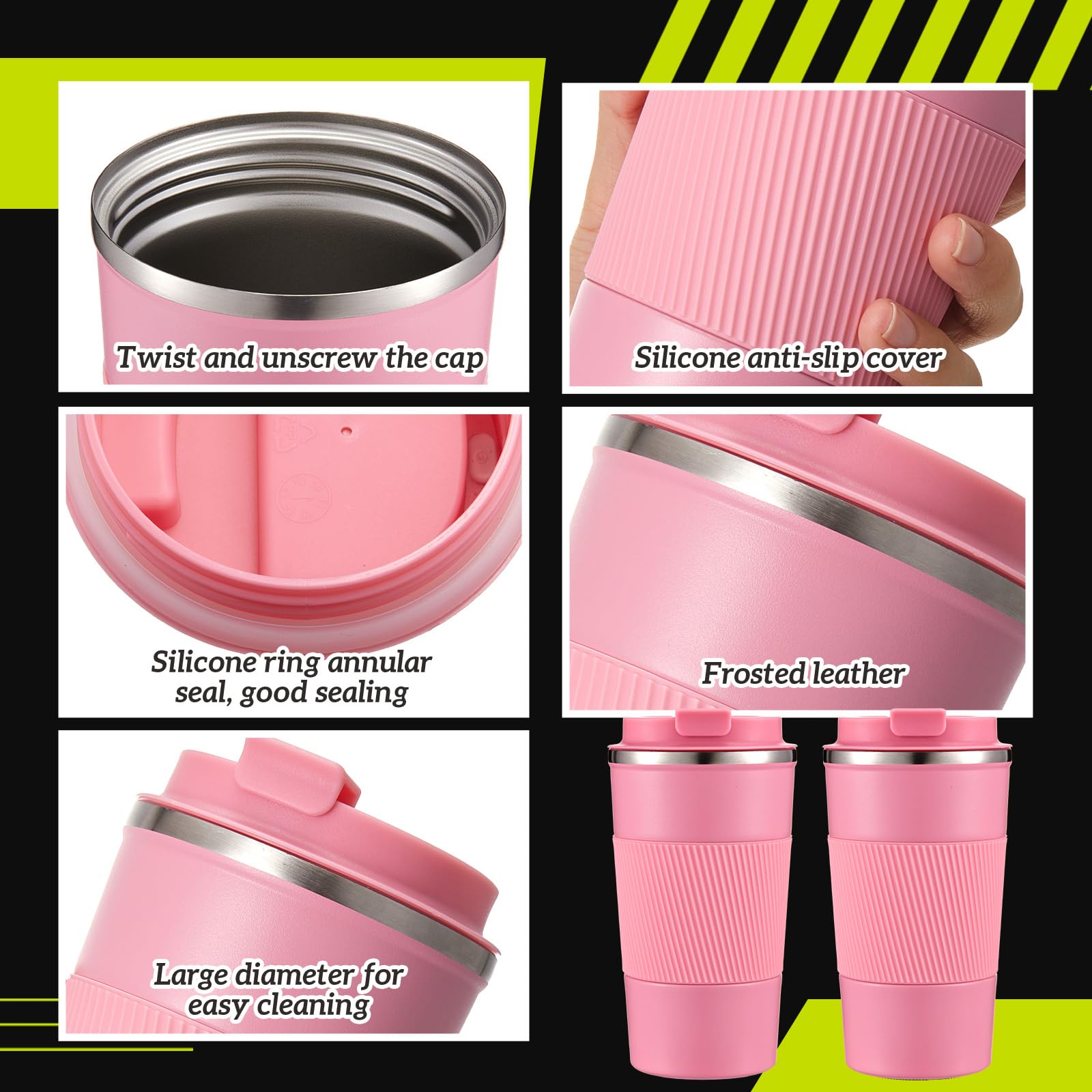 Maxdot Lot de 2 gobelets shaker en acier inoxydable avec boule de mélange isotherme en métal de 500 ml pour mélanges protéinés, salle de sport, entraînement (rose)