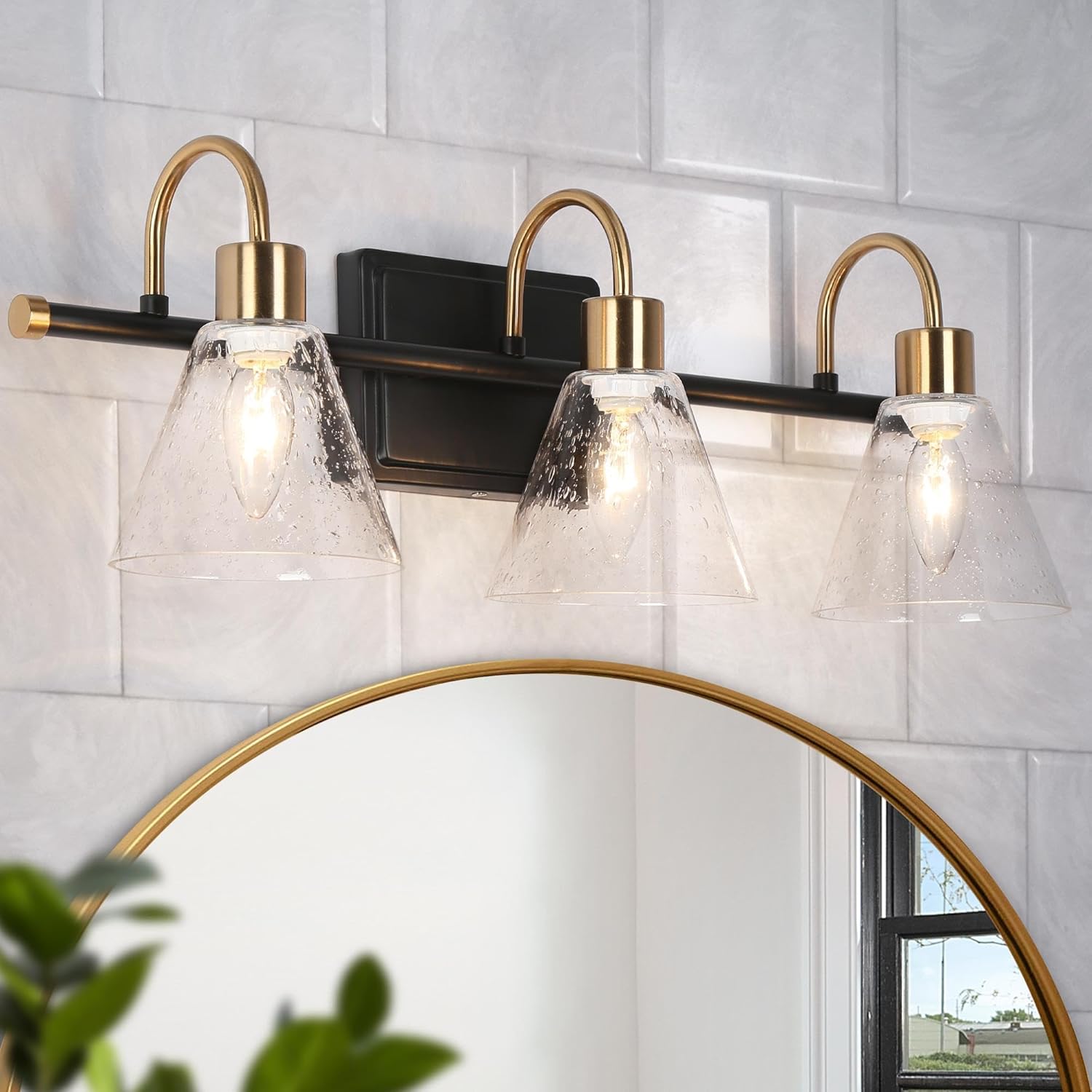 classy leaves Black Gold Vanity Lights, Modern Bathroom Light Fixtures with Seeded Glass Shade, 3-Light Bathroom Vanity Lighting Over Mirror for Powder Room, Bedroom, Black and Brass Finish