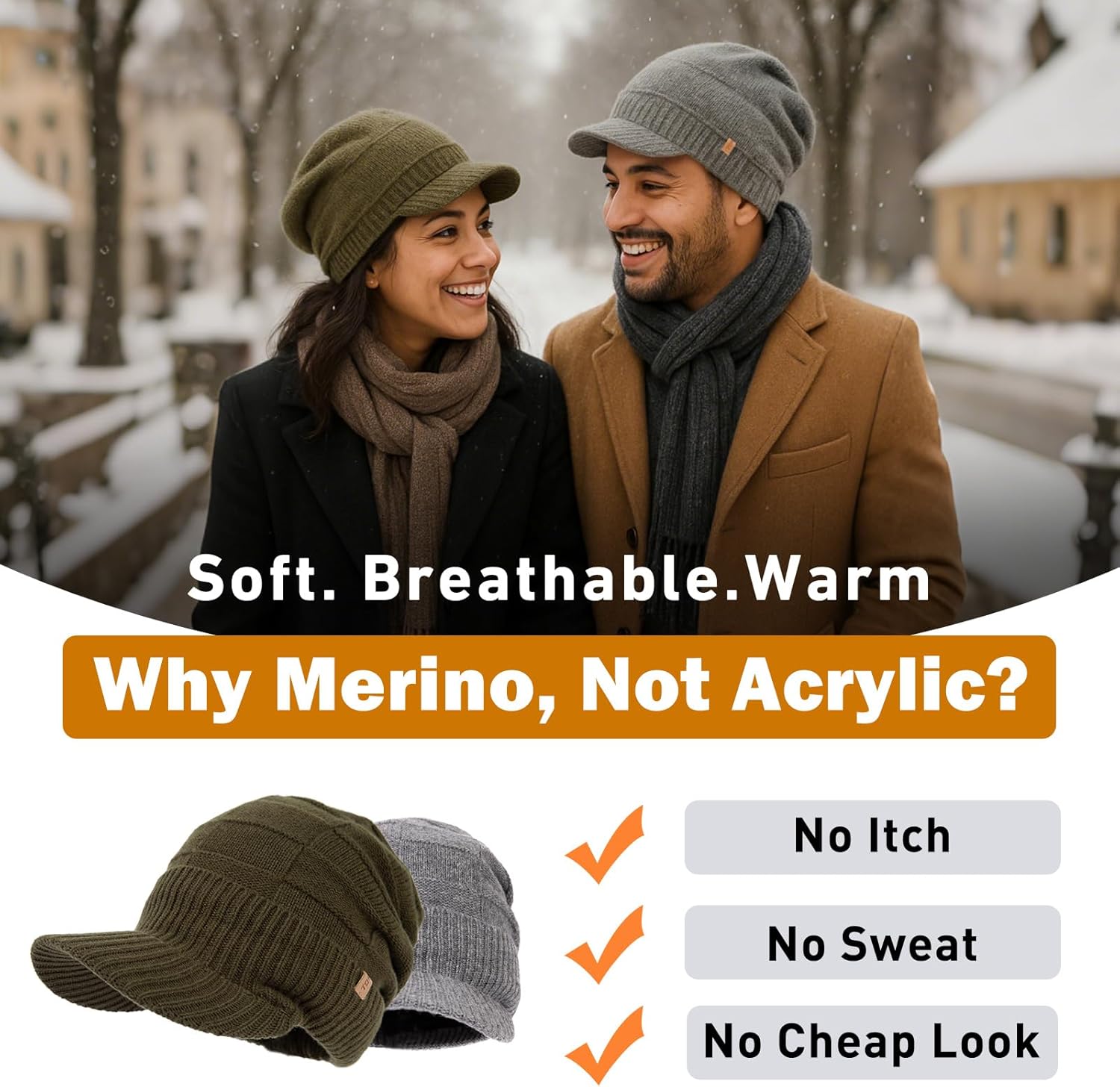 PolarWool™ 100% Merino Wool L/XL/XXL Fleece Lined Slouchy Visor Beanie Stocking Winter Hat with Brim Knit Cap for Men Women - Image 4