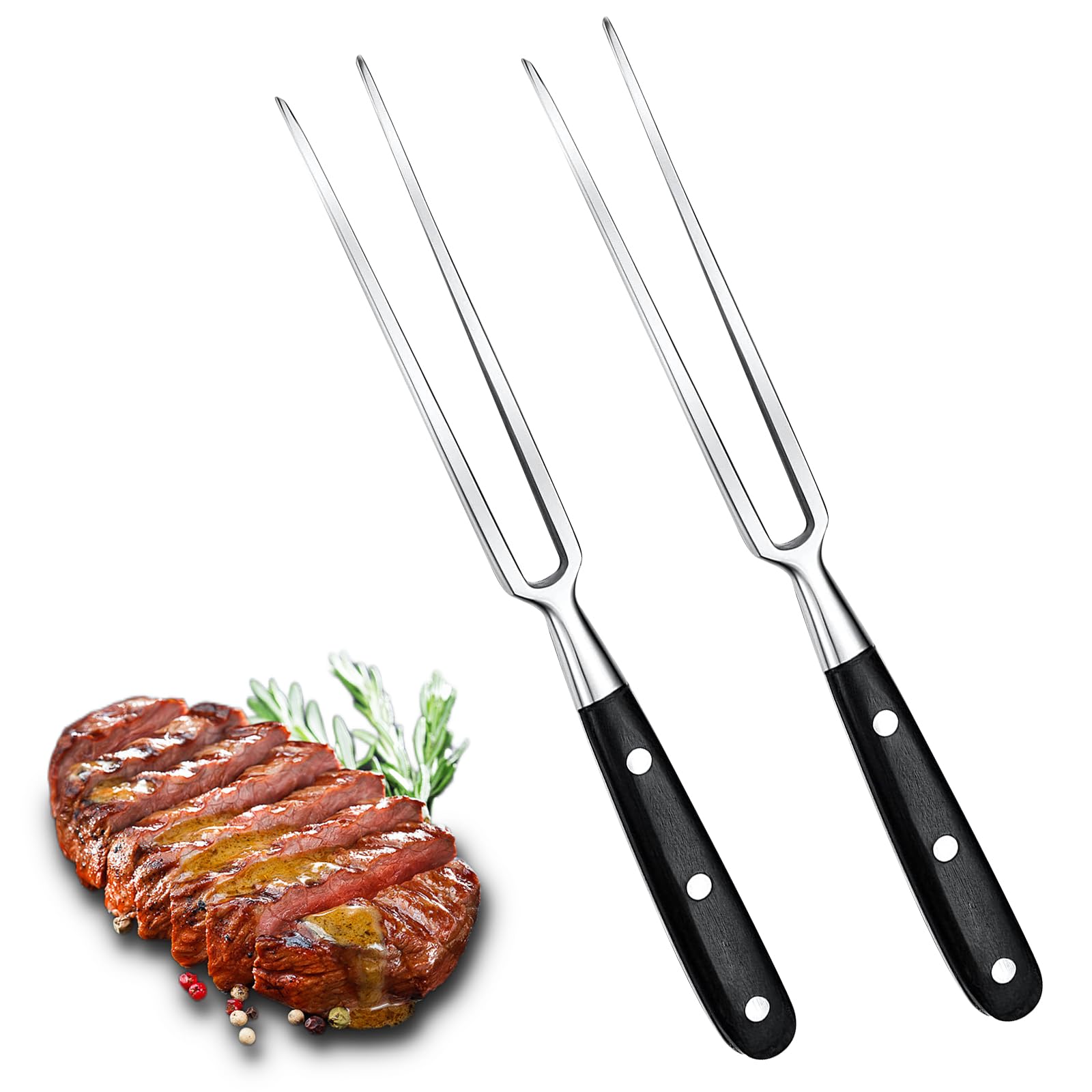 Fleischgabel 2 Stück,Fleischgabel Edelstahl Grillgabel mit Holzgriff 30cm Tranchiergabel Gerade Bratengabel 16cm Klingenlänge Grillgabeln Hart Rostfreier Fleischgabel Groß mit Schwarz Holzgriff