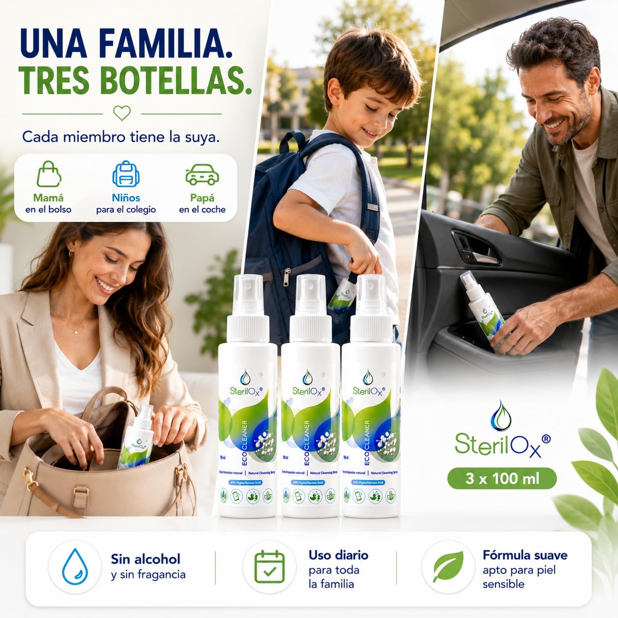 Spray 3 x 100 ml – Pack Cosmético con Ácido Hipocloroso | Para Manos, Piel y Objetos Personales | Seguro para Niños y Mascotas – Sin Alcohol ni Perfume