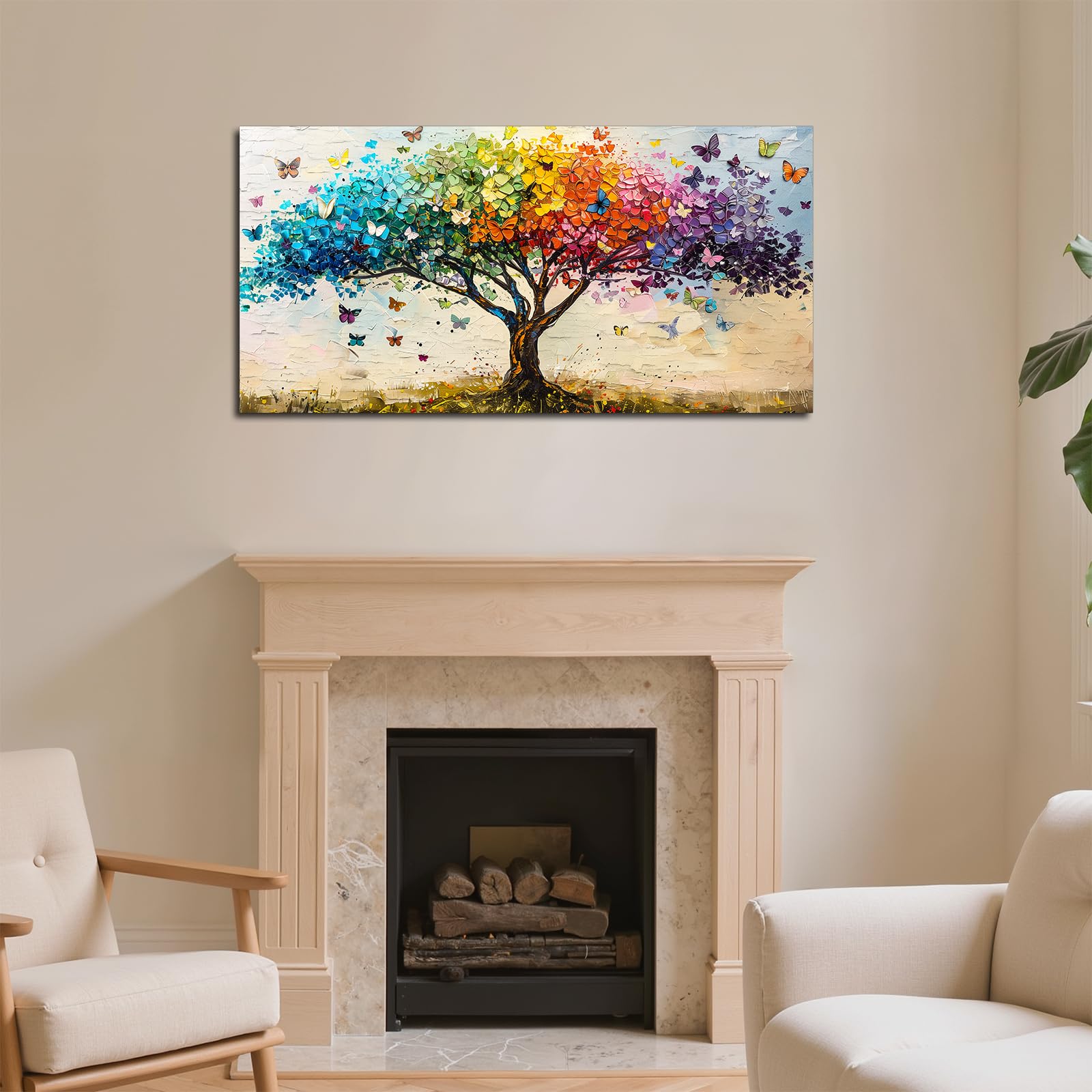 SERIMINO Cuadros Decoracion Arbol de la Vida Modernos Laminas 50x100 cm | Follaje Arcoíris Degradado, Impresión Hd. Bastidor Madera. Montaje Fácil, Multiespacio, Regalo Ideal