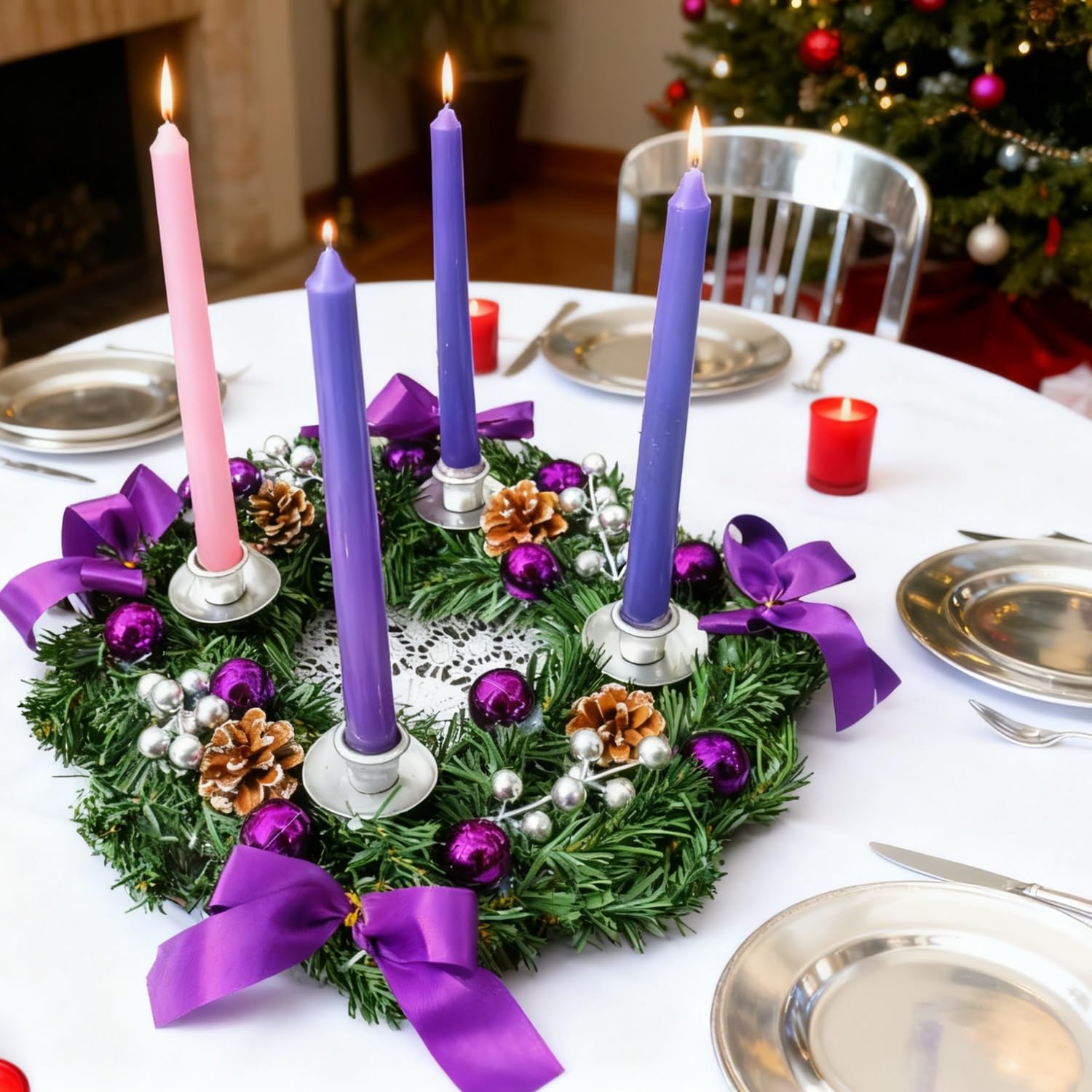 Hochwertiger Adventskranz mit Tannenzapfen in Lila und Gold, eleganter Tischaufsatz für Urlaubsdekorationen (lila)