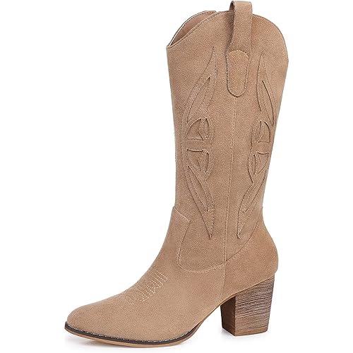 SHIBEVER Cowboy Boots for Women Mid: Black Wide Calf Cowgirl Boots Western Embroidered Country High Heel Round Toe Booties Size