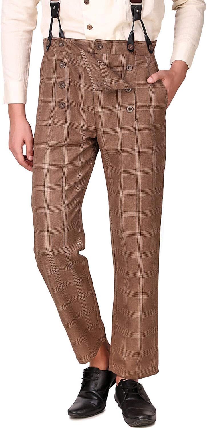 ThePirateDressing Steampunk Victorian Cosplay Costume Architect Men's Pants Trousers Medium Brown Check (100% Cotton Fabric)