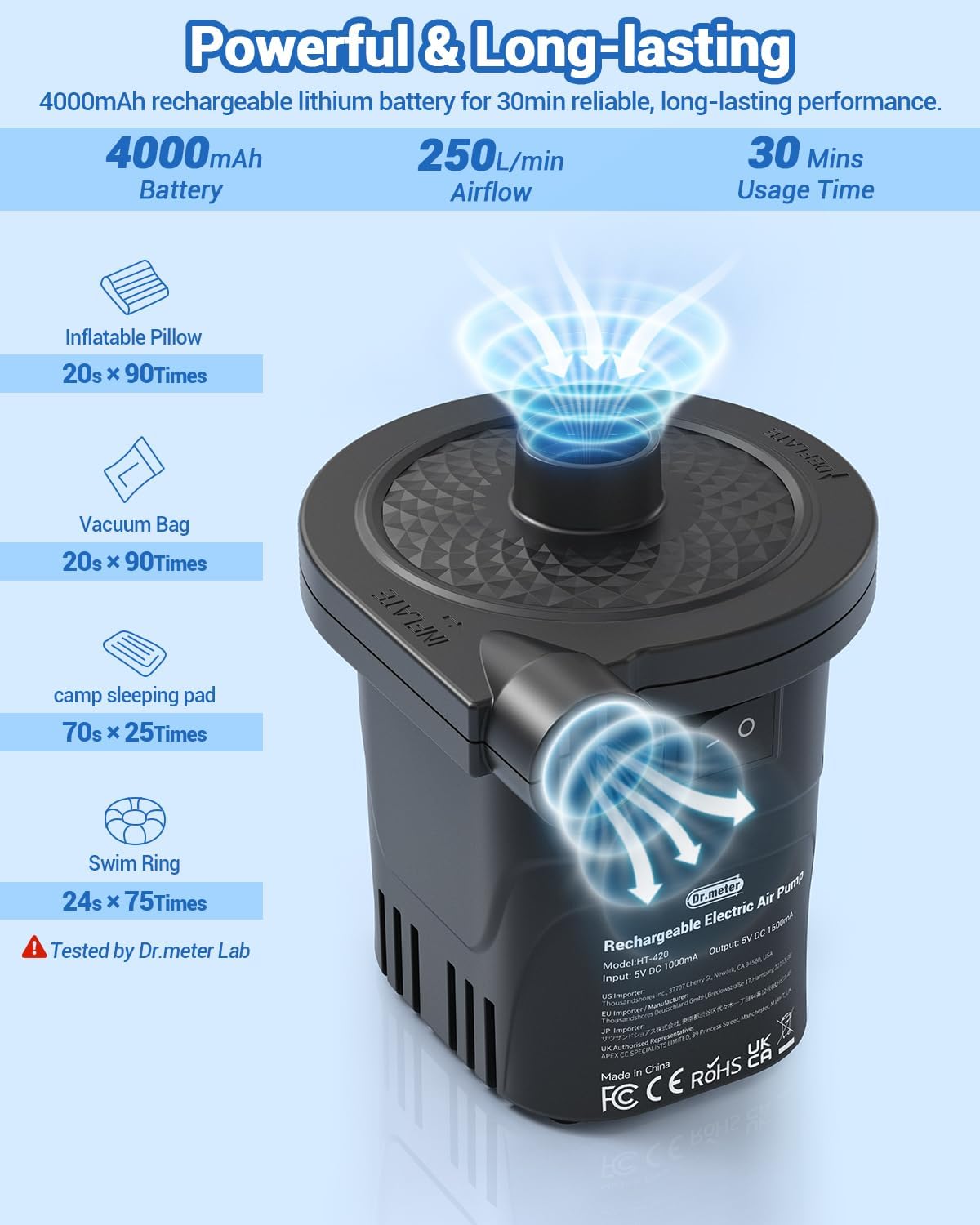 Dr.meter Air Pump for Inflatables, Rechargeable 4000mAh Battery Air Mattress Pump - Portable Quick-Fill Inflator Deflator for Outdoor Camping Inflatable Pool Float Boat Raft Yoga Ball Swim Ring Airbed - Image 2