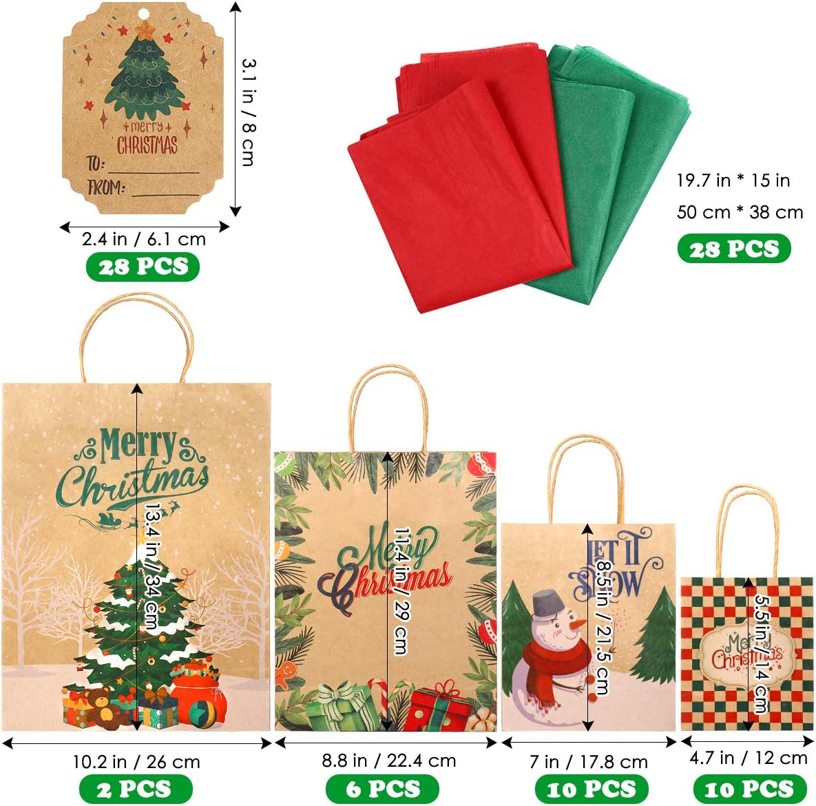 Bіg Sаlе Christmas Bags for Gifts, 84 PCS with 28 Christmas Bags, 28 Gift Tags and 28 Tissue Paper, 4 Different Sizes, 2XL, 6 Large, 10 Medium, 10 Small, 16 Designs for Holiday Wrapping