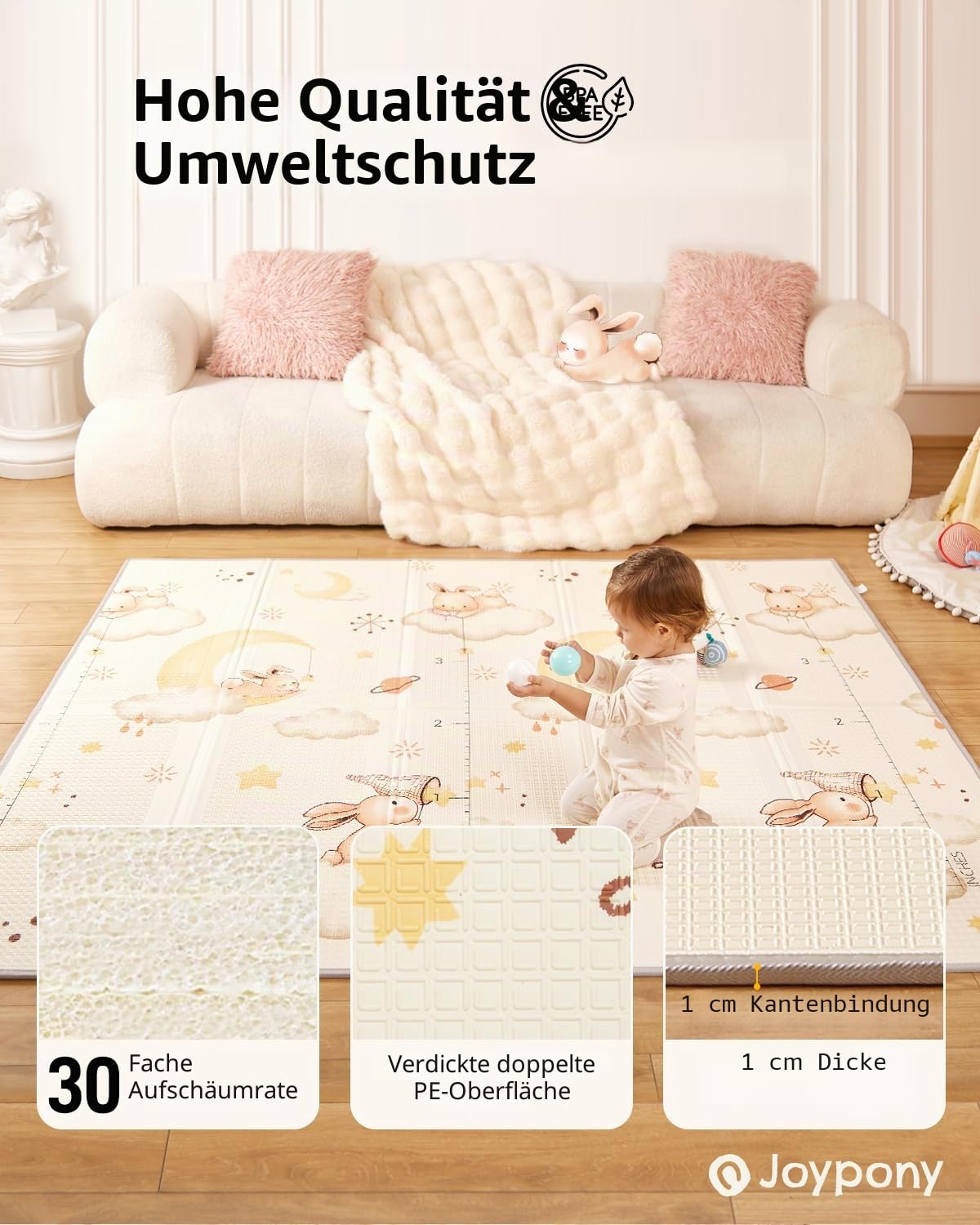 Joypony Kriechling. Krabbelmatte Baby, 150x180 CM Große Faltbare Spielmatte, Wasserdicht & Rutschfest, Baby Play Mat mit Tragetasche – Ideal für Babys & Kleinkinder
