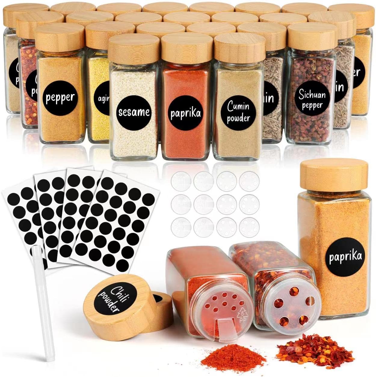 Spice Jars with Label,4oz Glass Spice Jars with Bamboo Lids