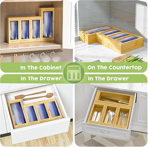 Miniatura 7 de DALSHABET Organizador de bolsas de almacenamiento de bambú para cajón de cocina, 4 bolsas de almacenamiento de alimentos separadas, dispensador