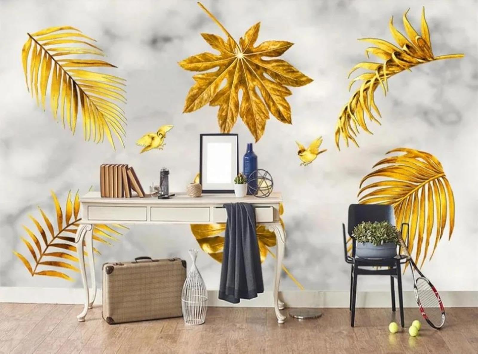 Papier peint mural 3d feuilles d'or pour masquer un mur abîmé de salon
