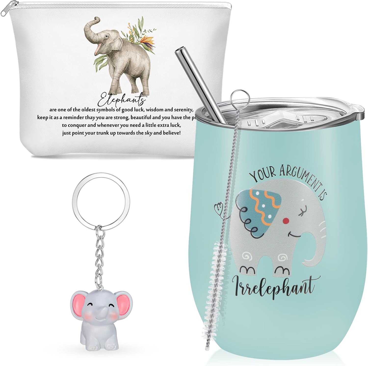 Sieral 3 Pcs Elephant Gifts for Women Girls Elephant Lovers Gifts Set with 12 oz Stainless Steel Wine Tumbler with Lid Cosmetic Bag Keychain for Animal Lovers Gift Friendship Day Birthday Cup