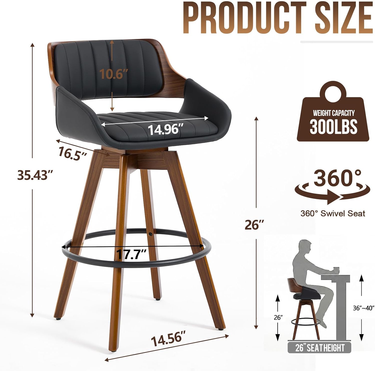Misshappy Swivel Bar Stools Set of 2, Walnut Counter Height Bar Stools with Back and Arms, Modern Faux Leather Upholstered Bar Chairs for Kitchen Island Bar (Black)