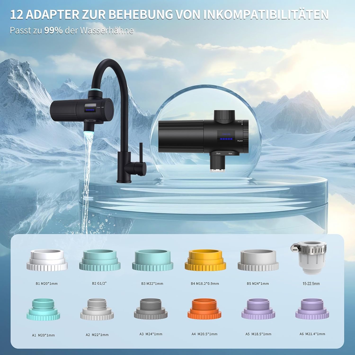 HOMELODY Wasserfilter Trinkwasser für Küche, entfernt Chlor, Schwermetalle & Kalk, verbessert den Geschmack, 12x Adapter, Blaulicht & 1 Filter enthalten, Wasserfilter Wasserhahn 3.0 mit LED-Anzeige