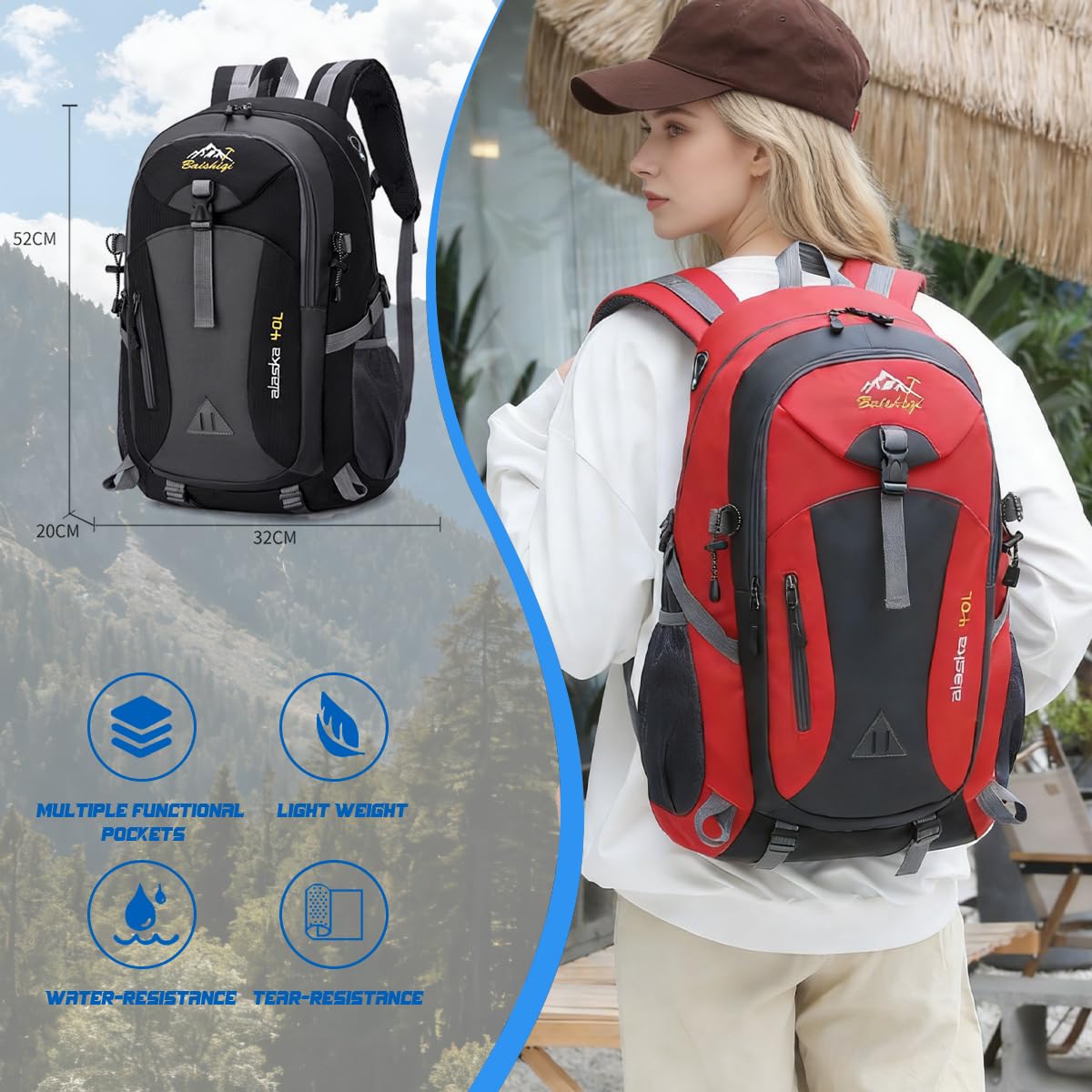 Plecak turystyczny 40 l, wodoodporny plecak kempingowy dla mężczyzn i kobiet na wędrówki, trekking, kemping, jazdę na rowerze, wspinaczkę, spacery, alpinista