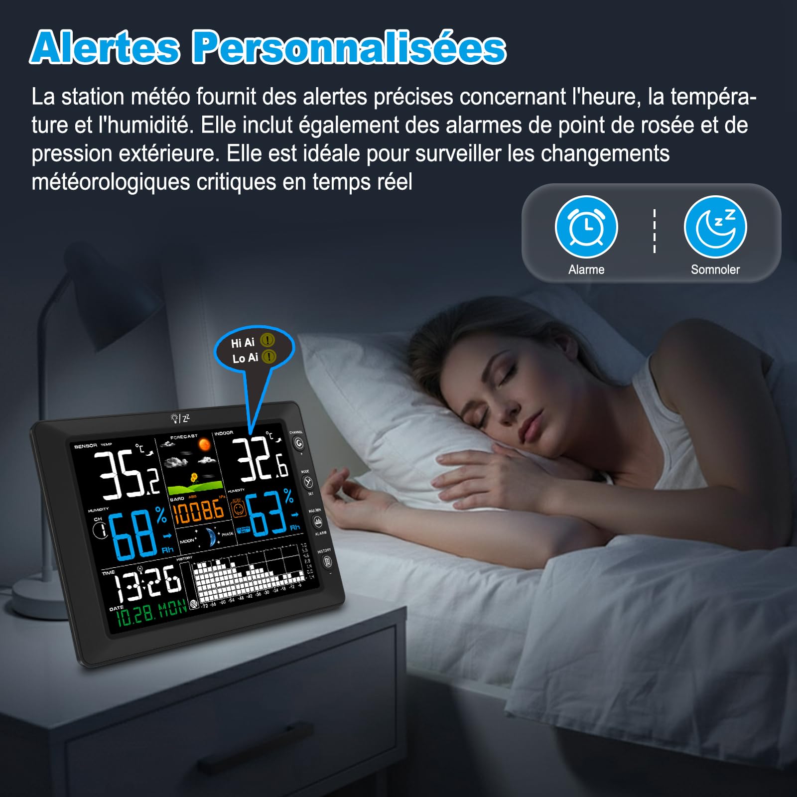 Urageuxy Station Meteo Sans Fil avec Capteur Extérieur Grand Écran Couleur, Thermomètre Intérieur Extérieur, Hygromètre, Prévisions Météo, Portée 100M, Pression Atmosphérique, Radio-Réveil DCF, Alarme