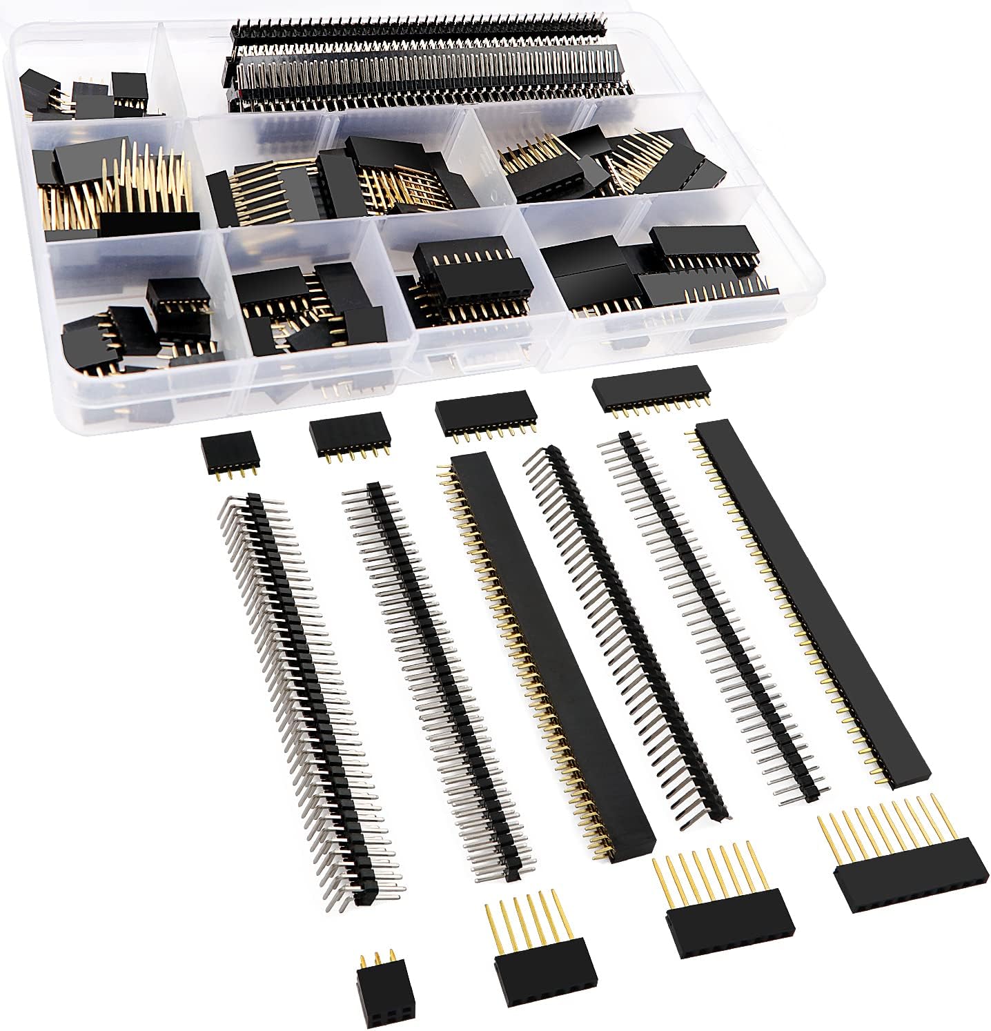 VooGenzek 112 Pieces 2.54mm Pin Headers Breakaway PCB Board Pin Header Connector, Male and Female Pin Header Socket Connector, for Arduino Prototype Shield