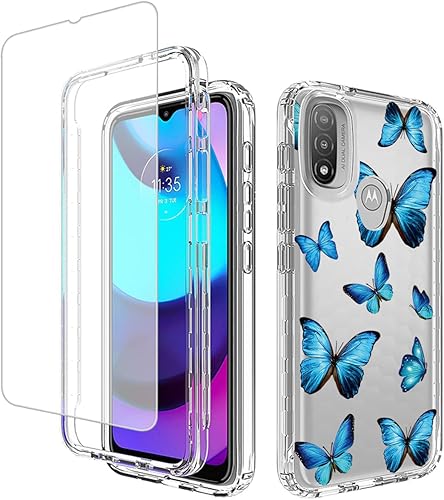 Funda para Moto E20Moto E30Moto E40 XT2155 XT2158 con protector de pantalla de vidrio templado, diseño de mariposa transparente de cuerpo completo,