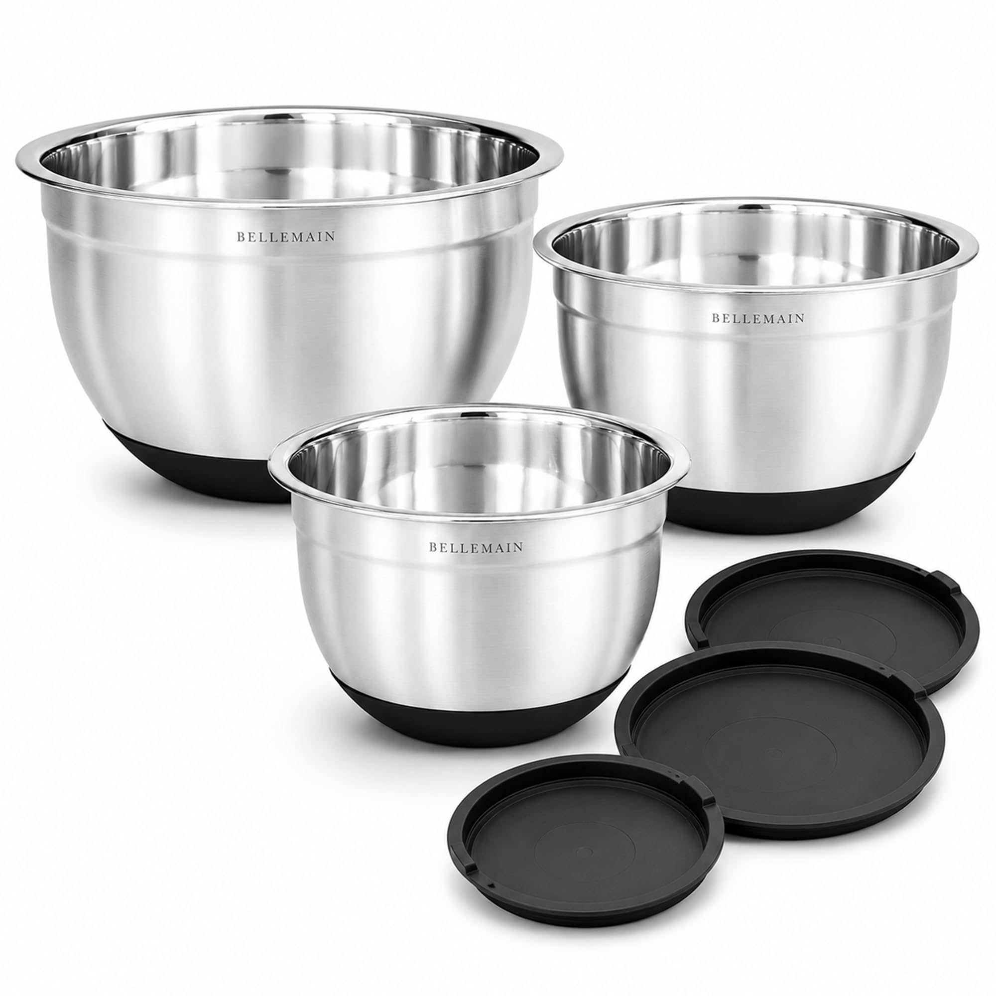 Bellemain Ciotole in acciaio inox antiscivolo con coperchi (3 pezzi, argento/nero)